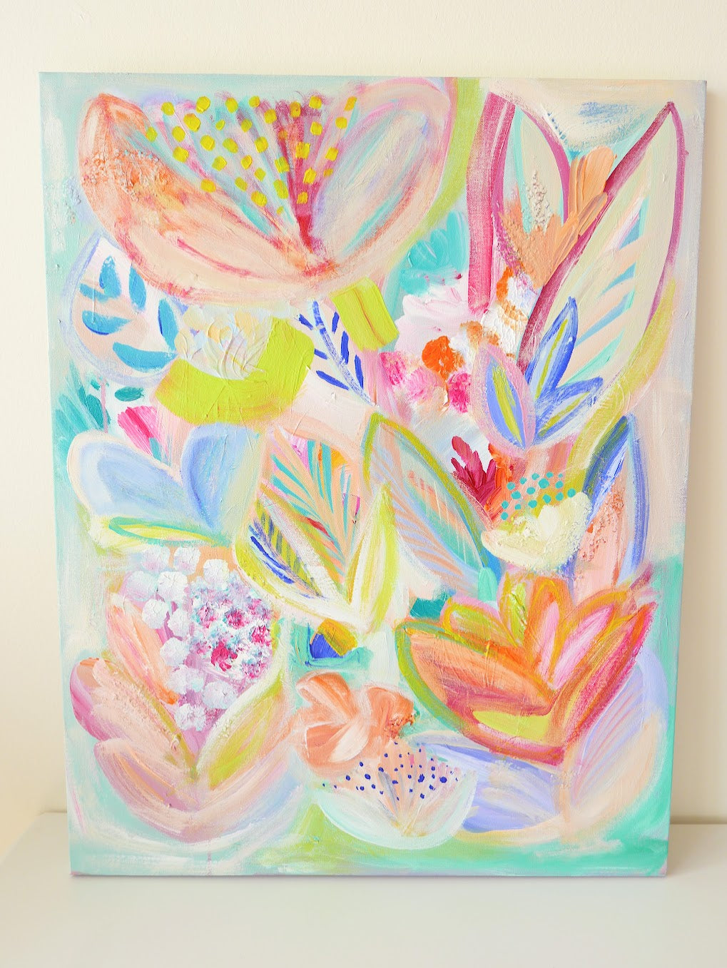 Abstract acrylic original art painting on canvas titled 'Foliage Explosion' by Singaporean artist Hadassah Lau on sale at Hadasity, in Tanglin Mall, Singapore.