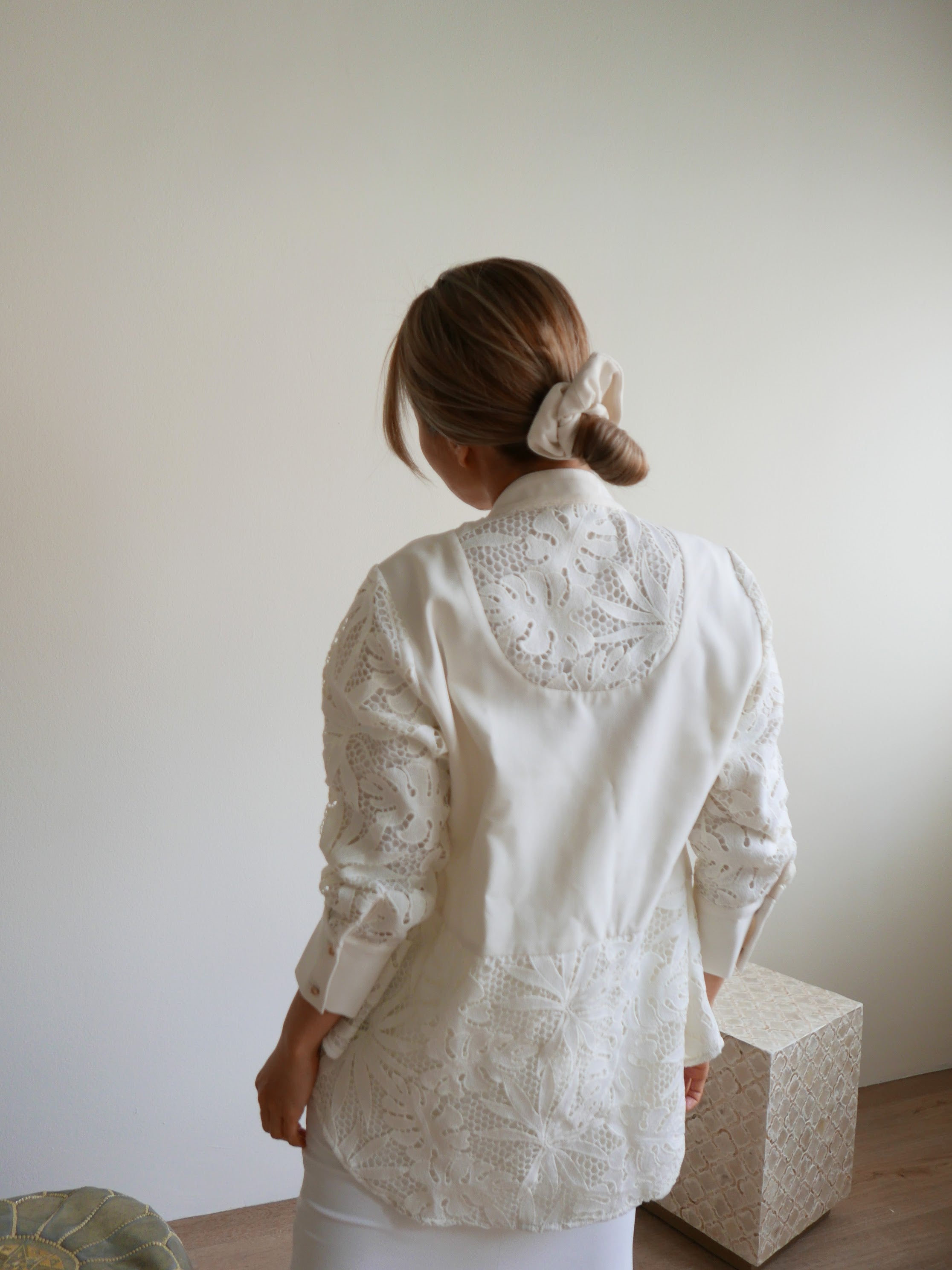 Women's white high quality classy elegant hair tie scrunchie accessory.