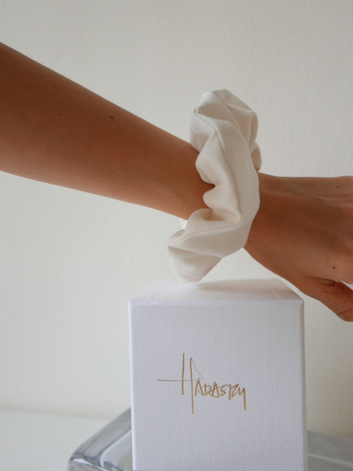 Women's white high quality classy elegant hair tie scrunchie accessory.