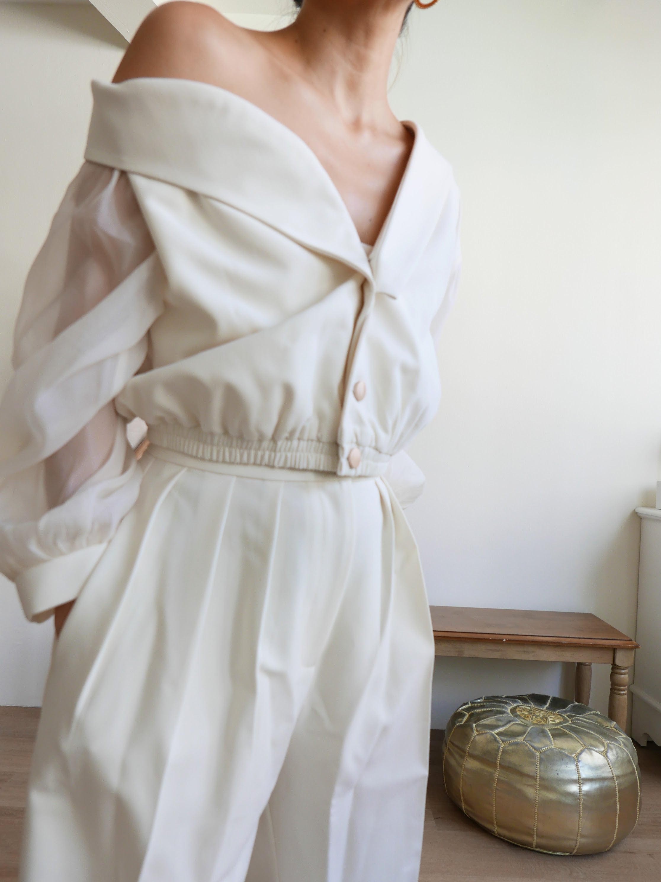 Women's white multiway off-shoulder top or outerwear blazer with gold buttons