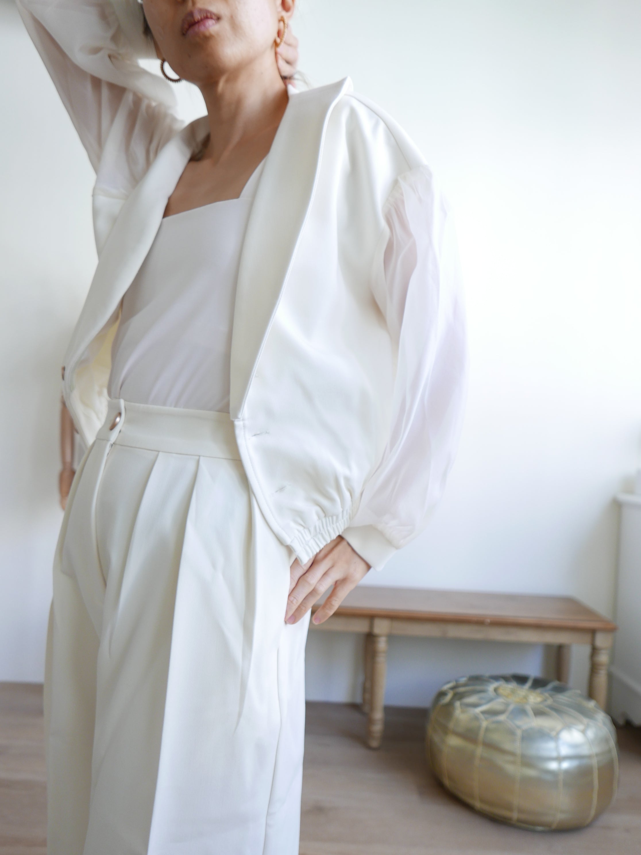 Women's white multiway off-shoulder top or outerwear blazer with gold buttons