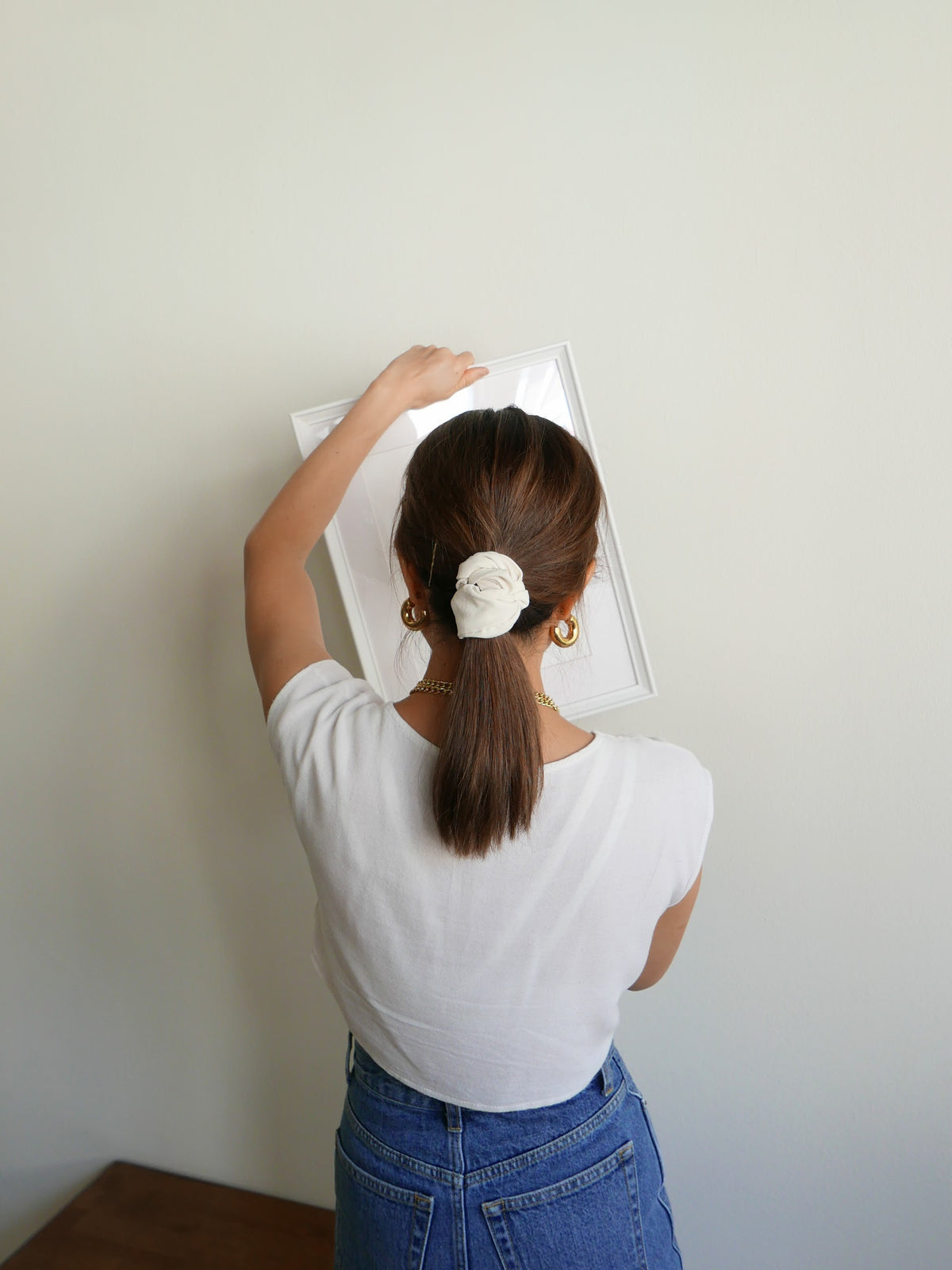 Women's white high quality classy elegant hair tie scrunchie accessory.