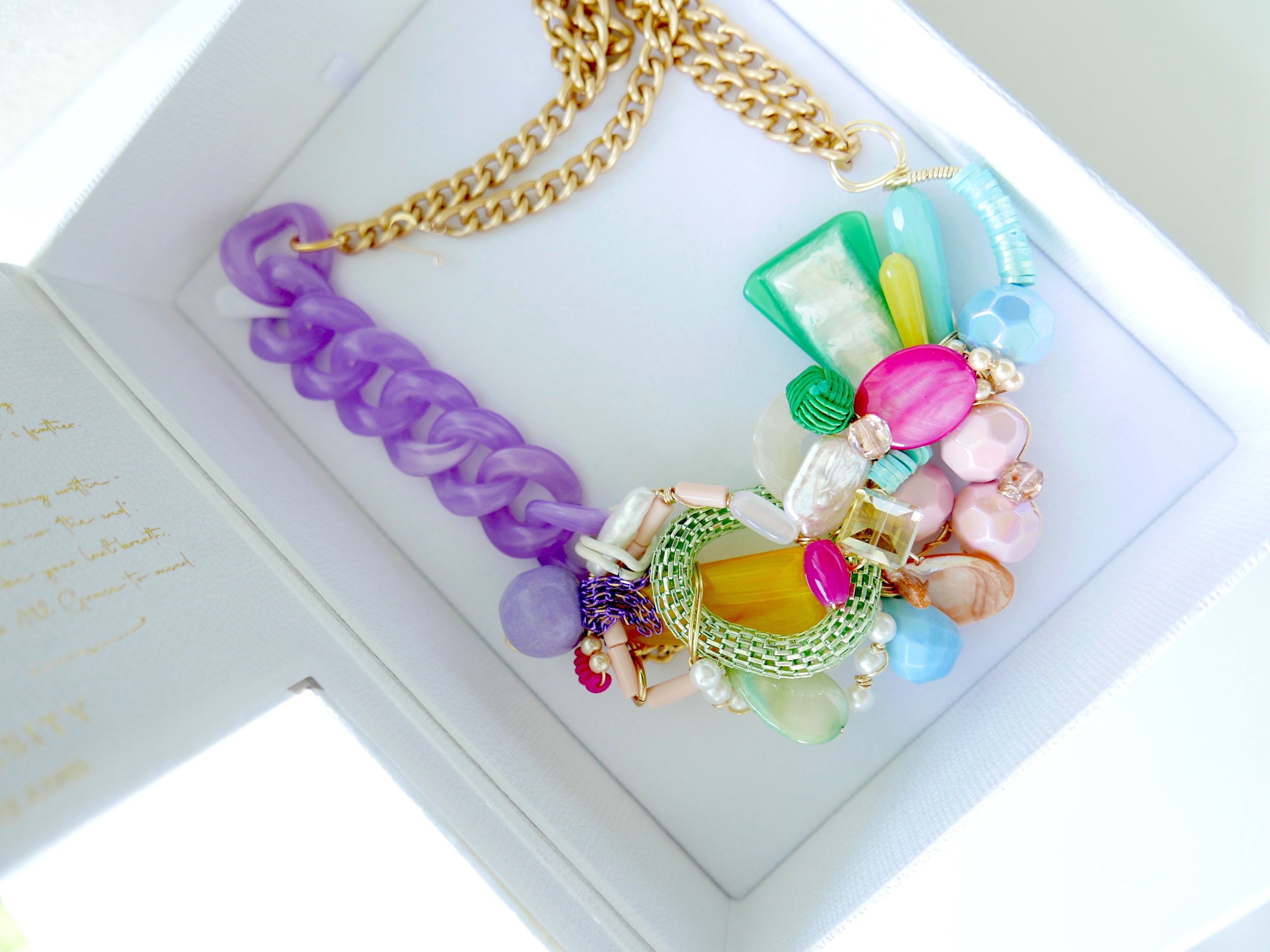 Women's statement necklace gold and multicolour