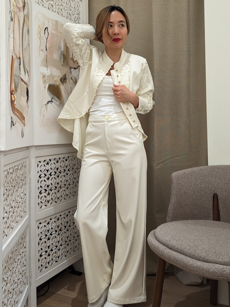 Women's white ivory lace detailed statement jacket or top with cheongsam collar and gold buttons