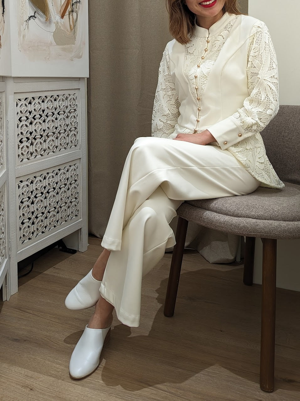 Women's white ivory lace detailed statement jacket or top with cheongsam collar and gold buttons