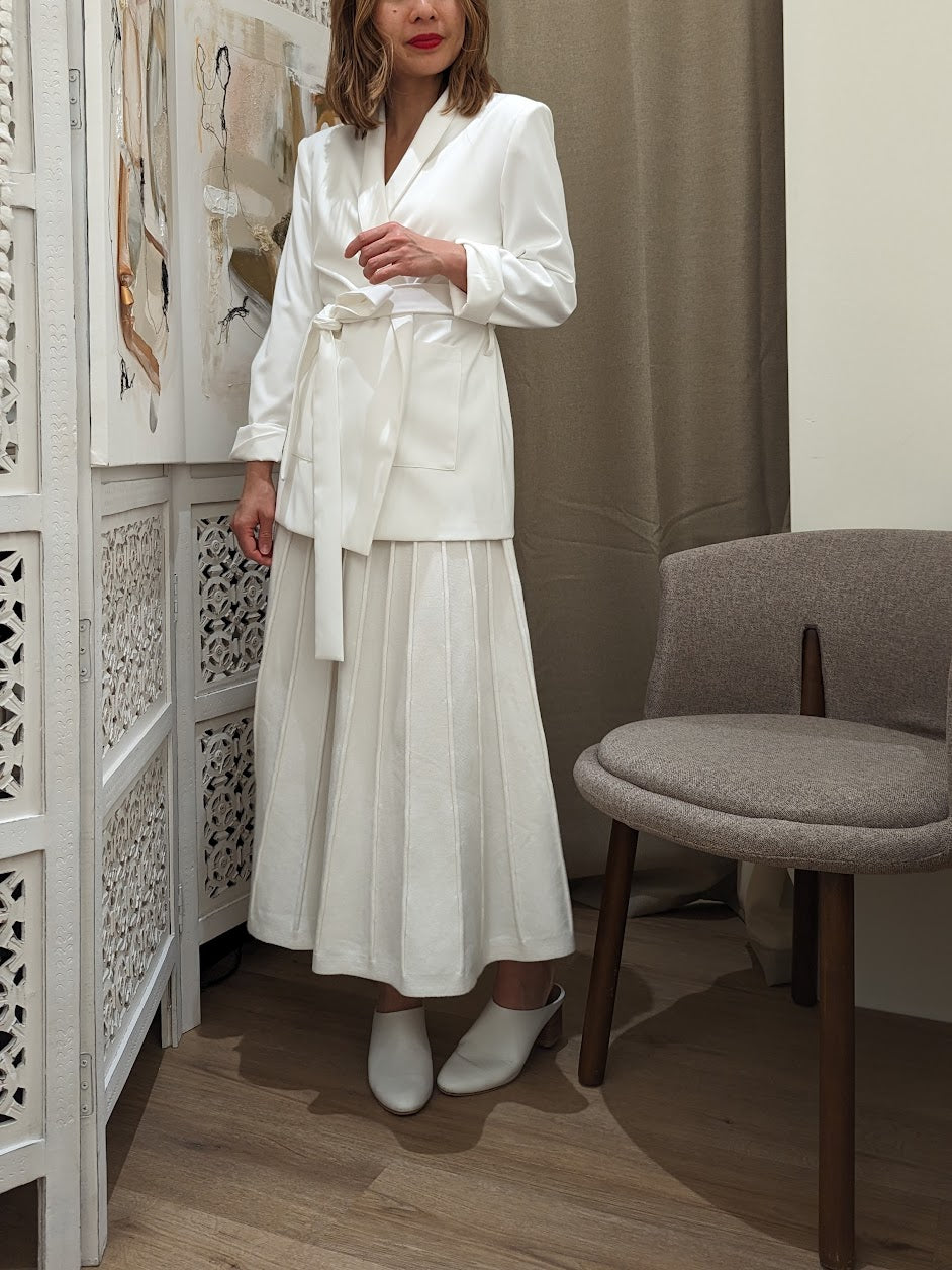 Women's knit fabric weighted non-sheer white maxi skirt