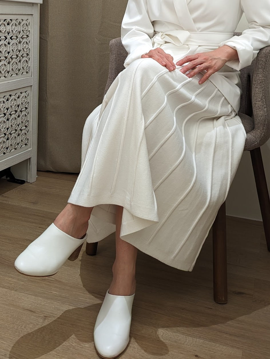 Women's knit fabric weighted non-sheer white maxi skirt