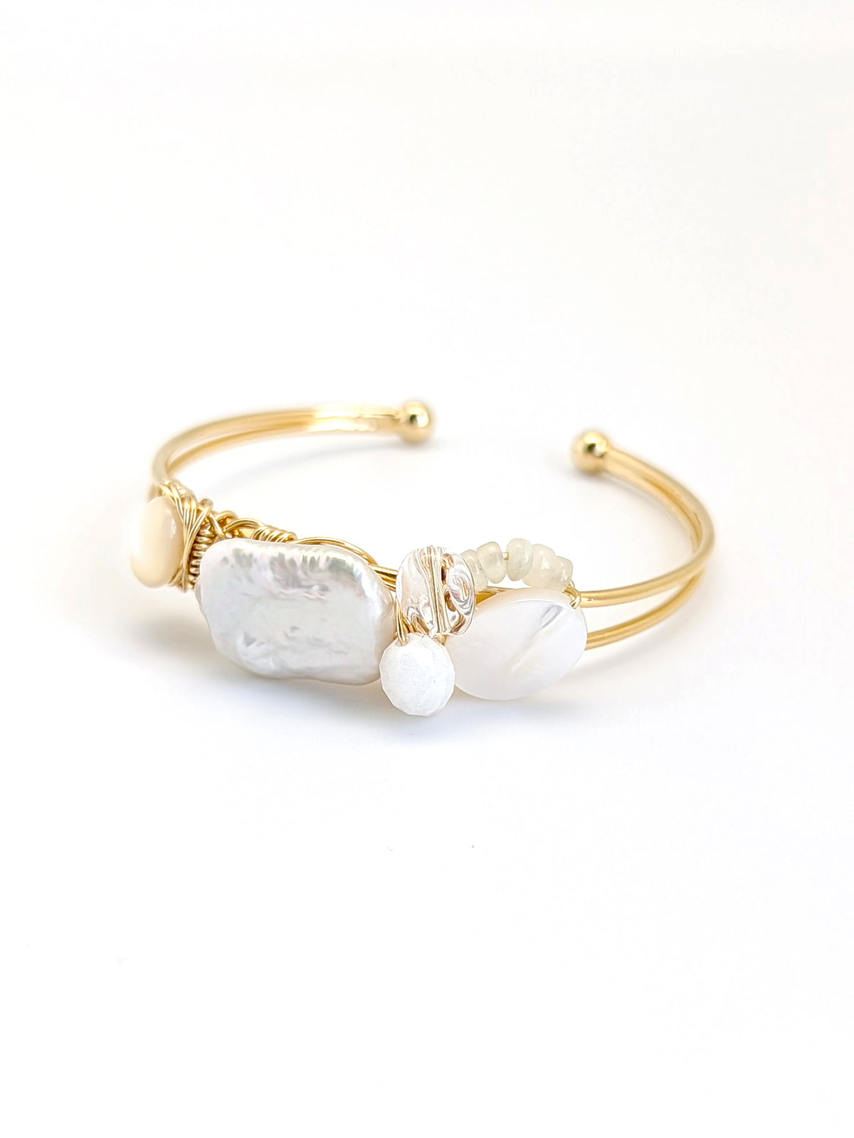 Afresh | Pearl Agate Clear Quartz Art Cuff Bangle - One Of A Kind