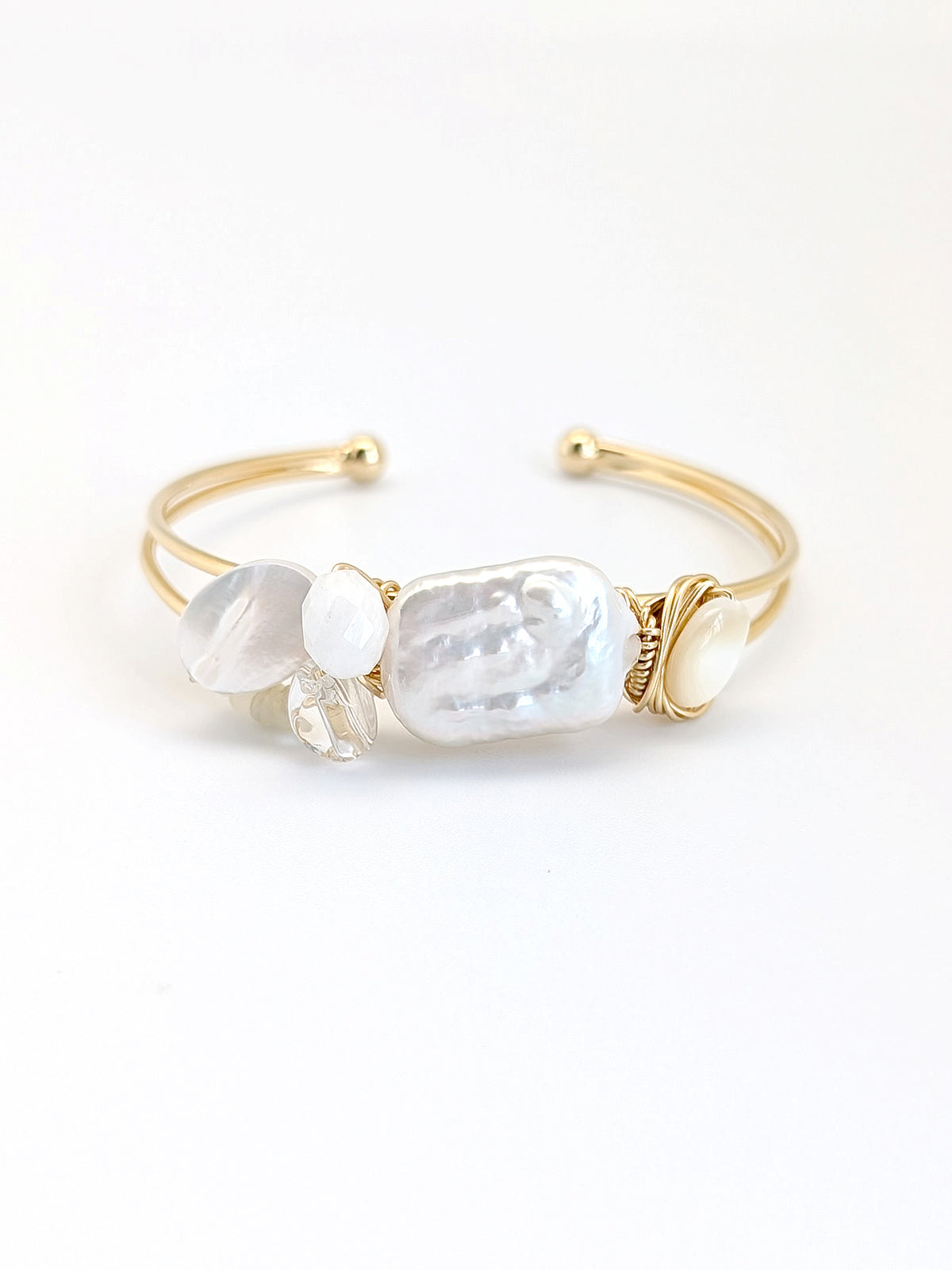 Afresh | Pearl Agate Clear Quartz Art Cuff Bangle - One Of A Kind