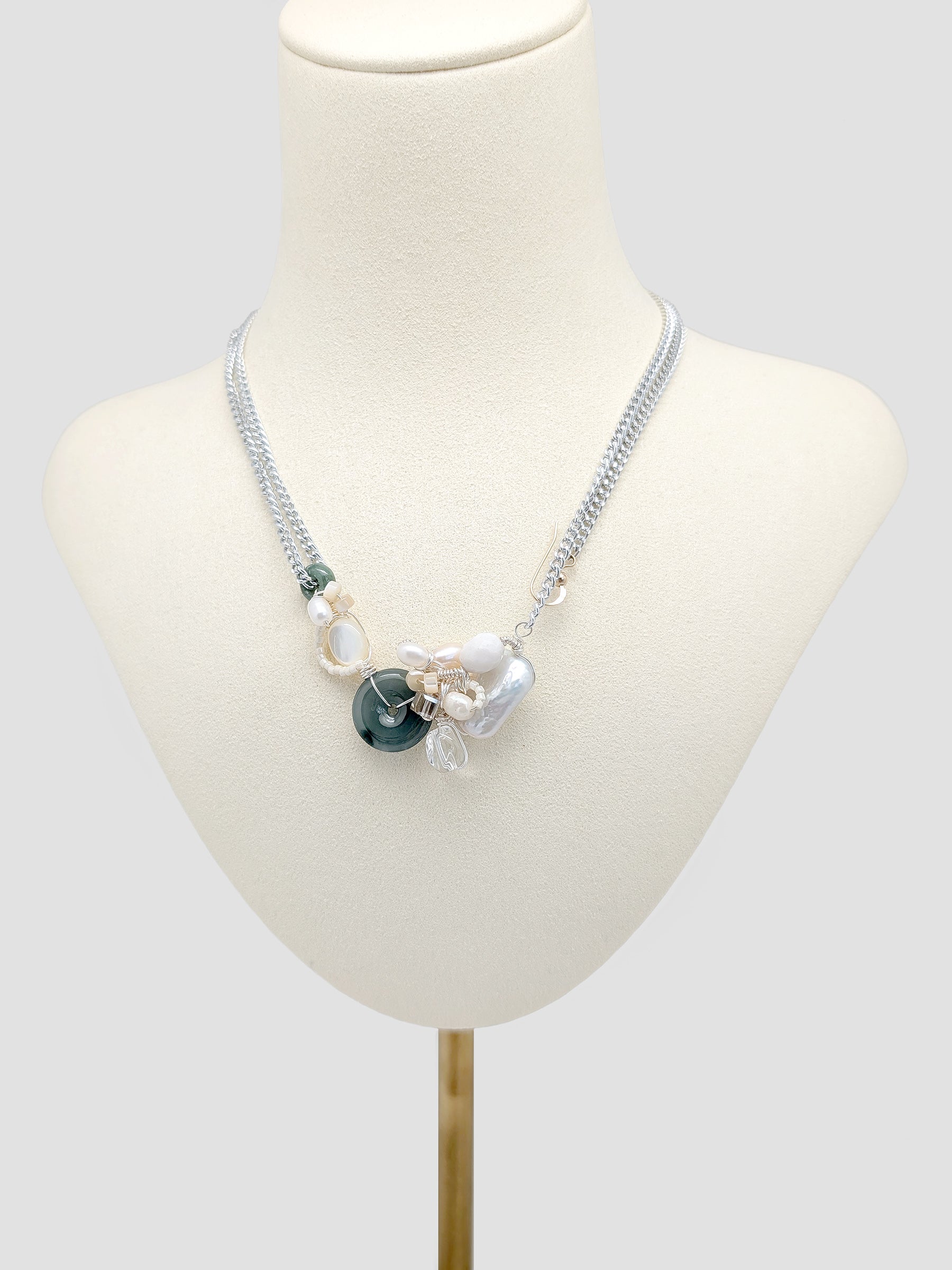 Deep Green Jade Doughnut With Pearls And Mother Of Pearl Necklace | One Of A Kind