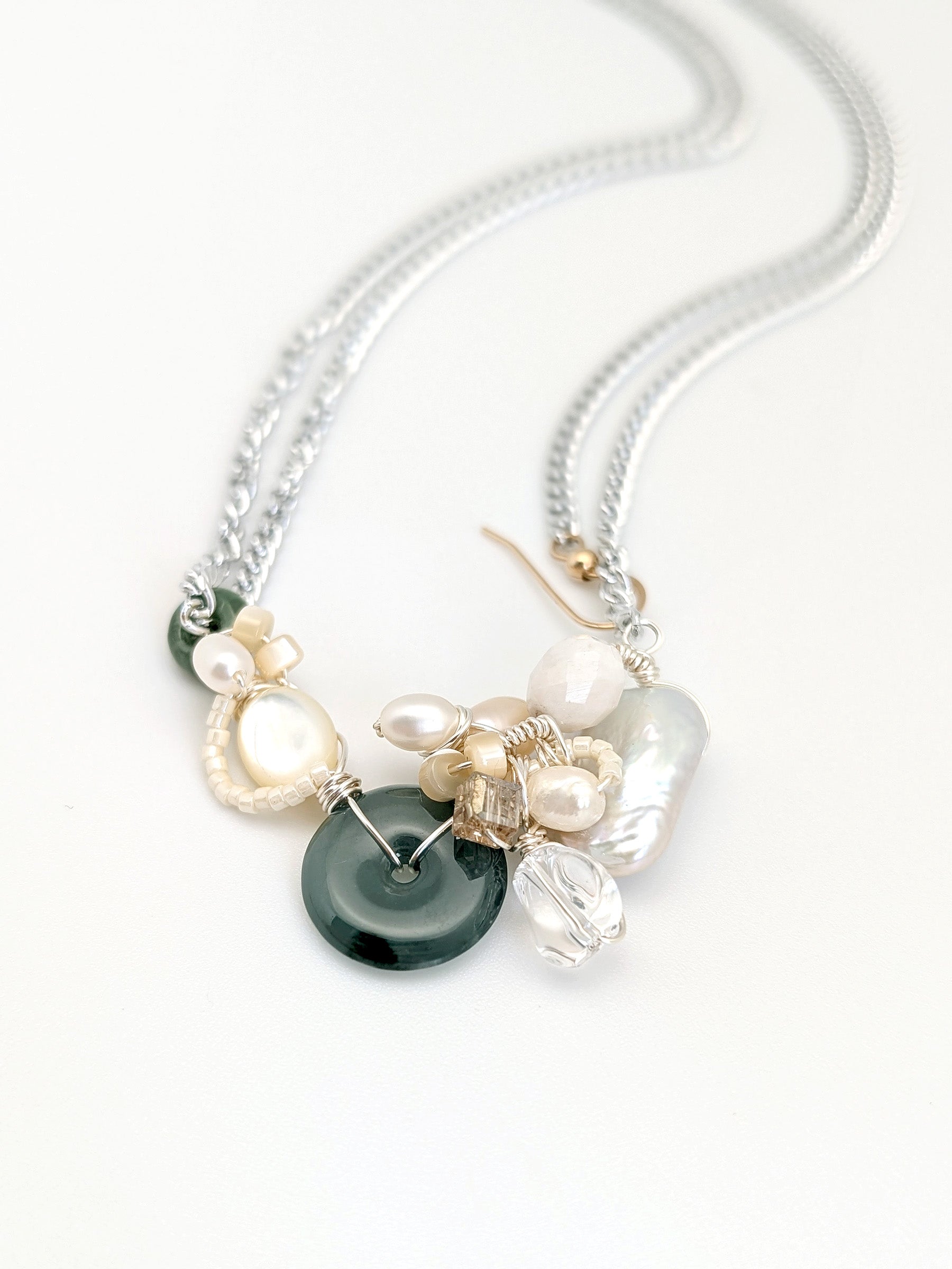 Deep Green Jade Doughnut With Pearls And Mother Of Pearl Necklace | One Of A Kind