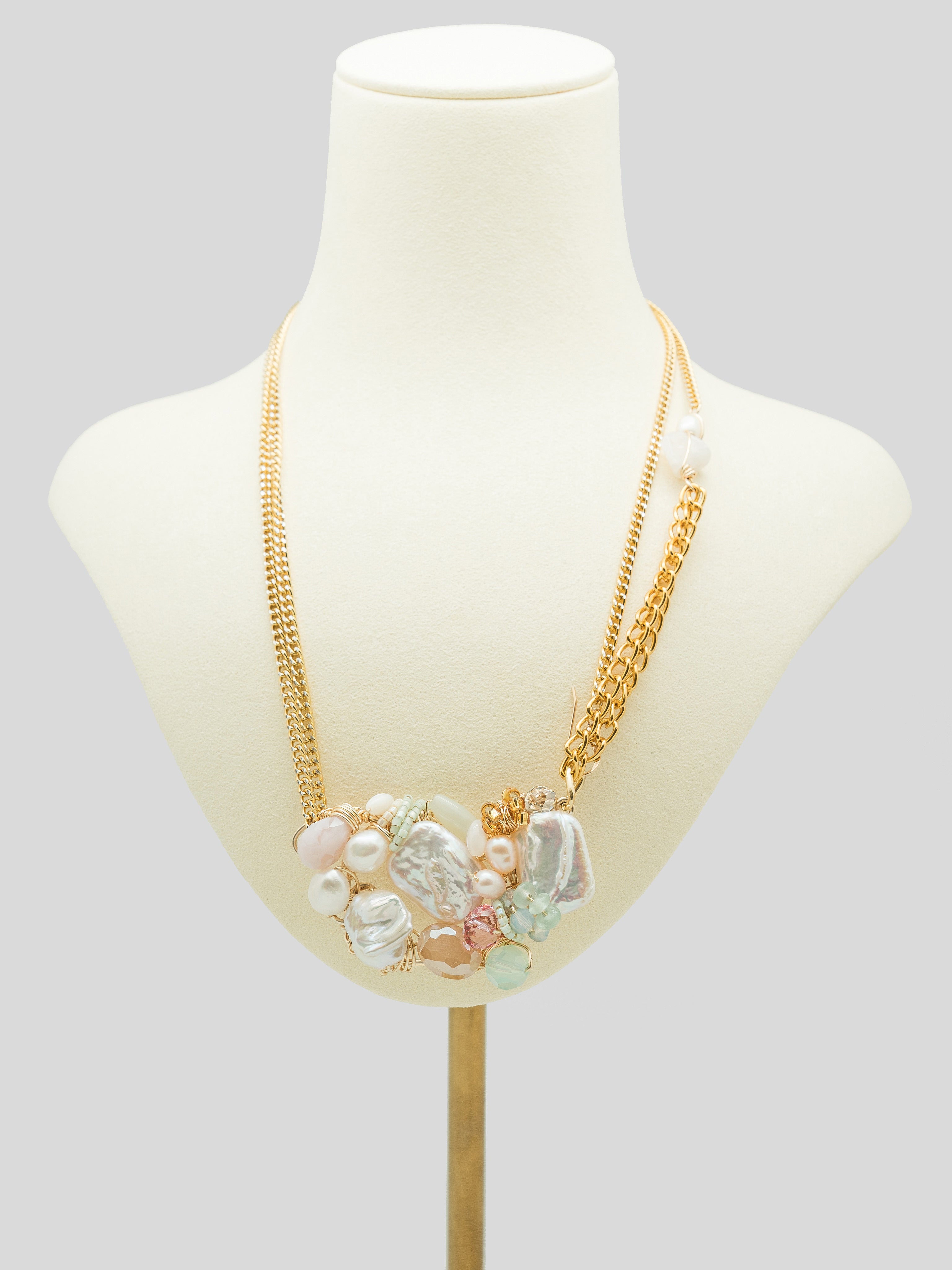 One of a kind necklace with baroque pearl, freshwater pearl, swarovski crystal, jade rondelle, toho seed beads, glass seed beads, aluminium chain.