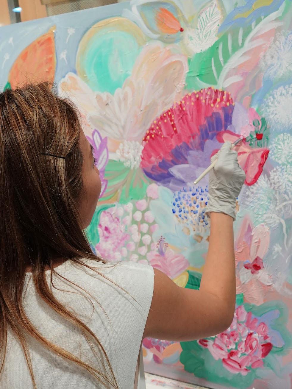 Multicolour women's mulberry silk scarf designed from canvas oil painting by Hadassah Lau at Hadasity at Tanglin Mall Singapore.