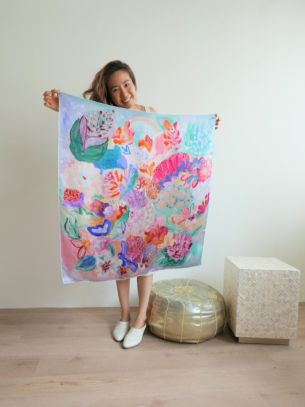 Multicolour women's mulberry silk scarf designed from canvas oil painting by Hadassah Lau at Hadasity at Tanglin Mall Singapore.