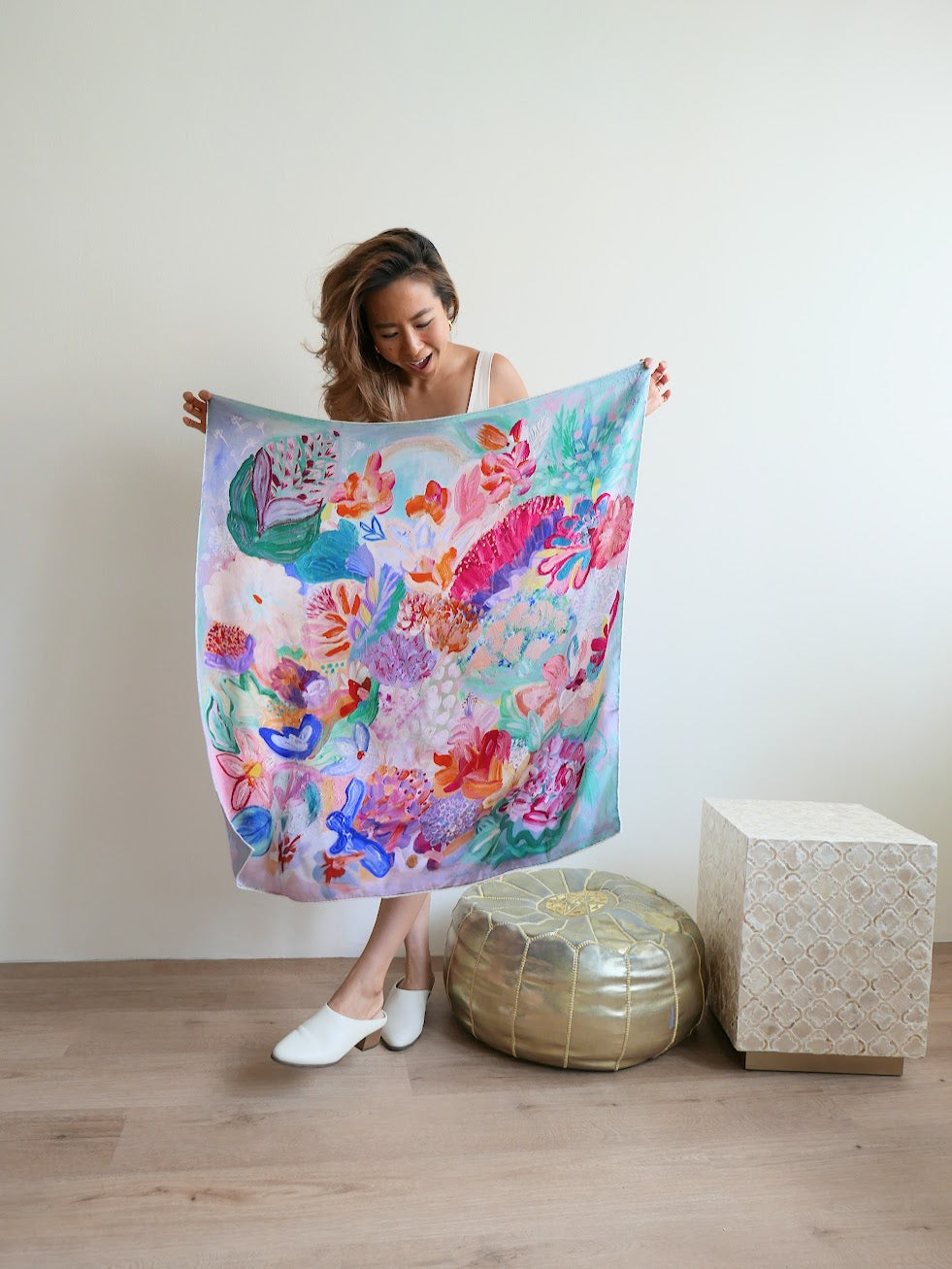 Multicolour women's mulberry silk scarf designed from canvas oil painting by Hadassah Lau at Hadasity at Tanglin Mall Singapore.