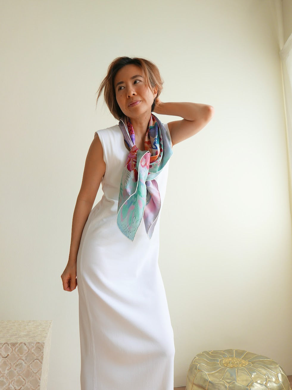 Multicolour women's mulberry silk scarf designed from canvas oil painting by Hadassah Lau at Hadasity at Tanglin Mall Singapore.