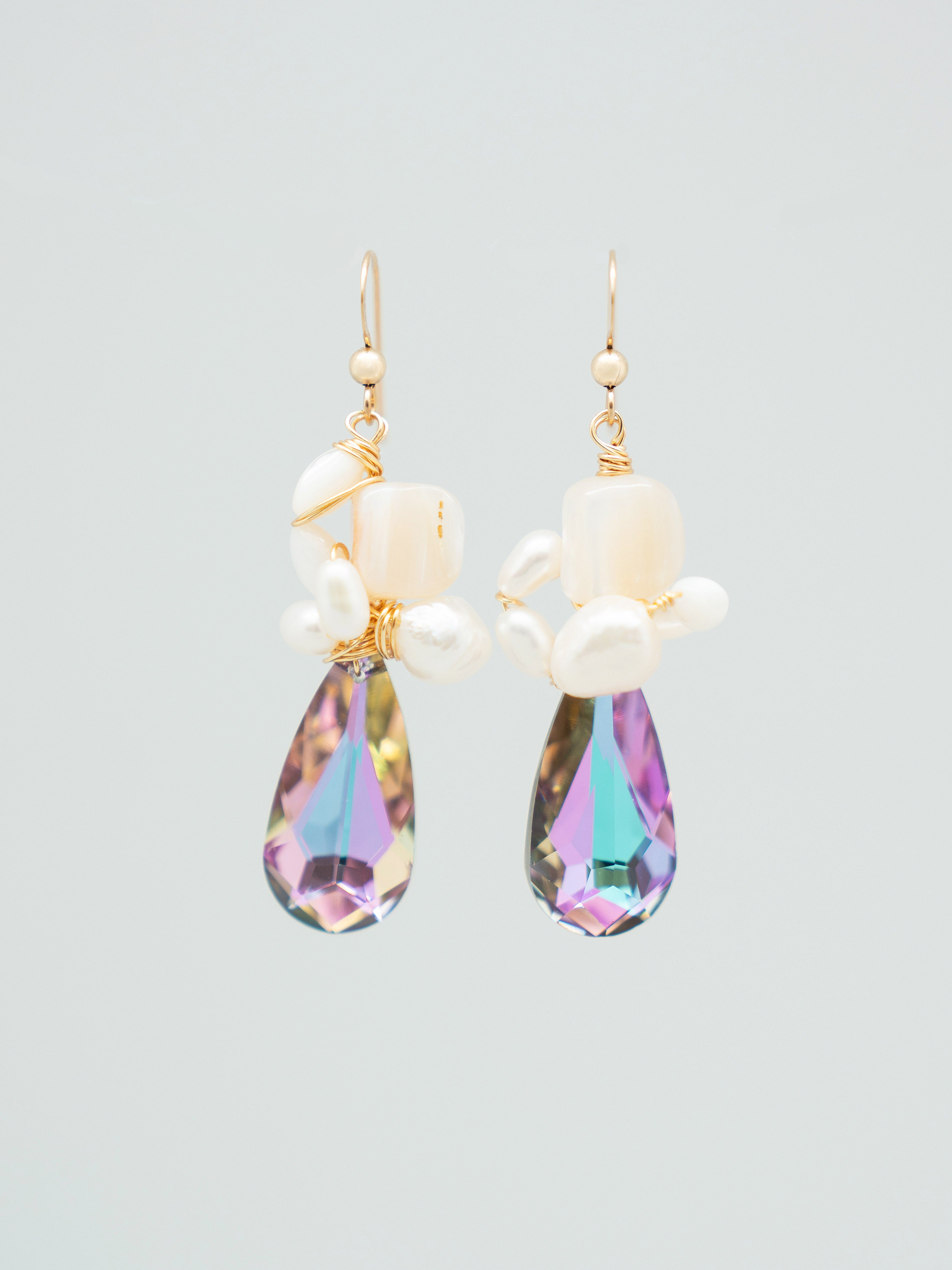 Pair of Purple Swarovski Teardrop Freshwater Pearls One-of-a-kind Earrings