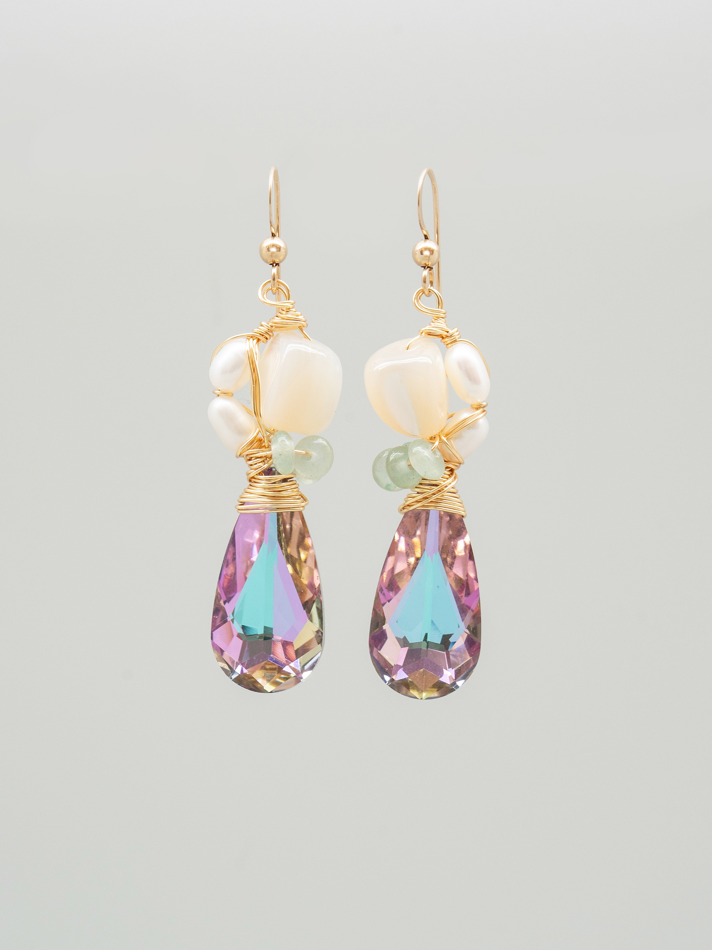 Pair of Purple Swarovski Teardrop Freshwater Pearls Peach Green One-of-a-kind Earrings