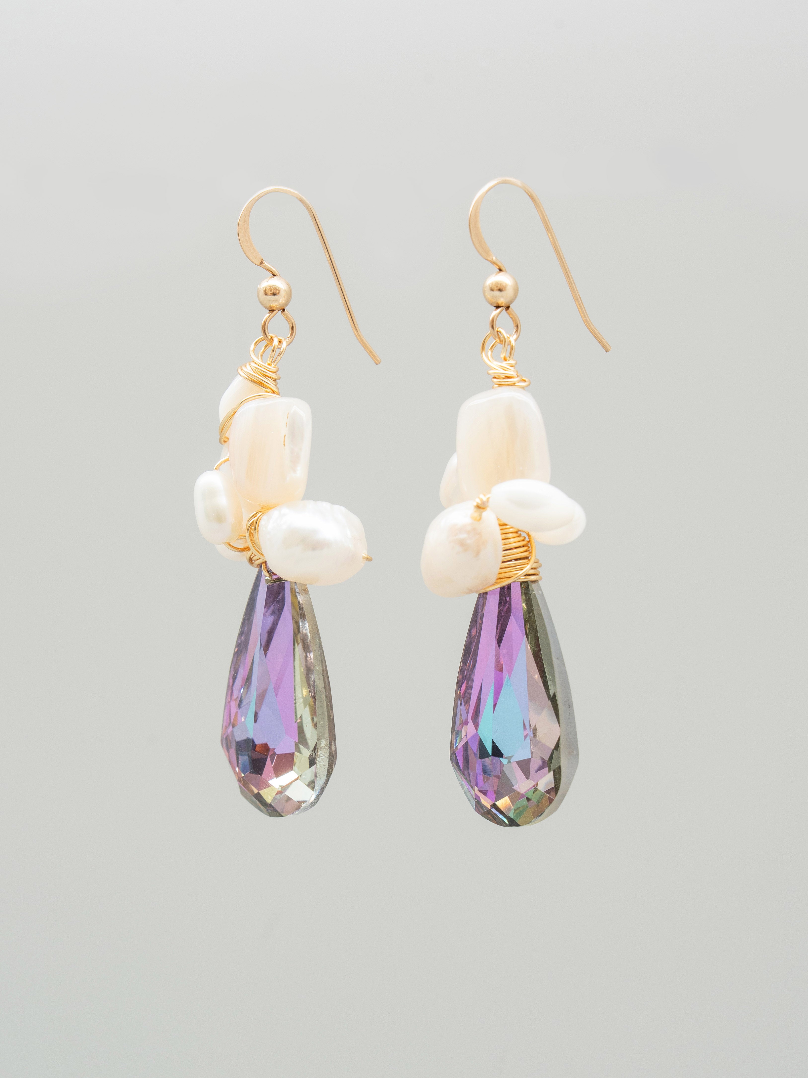 Pair of Purple Swarovski Teardrop Freshwater Pearls One-of-a-kind Earrings