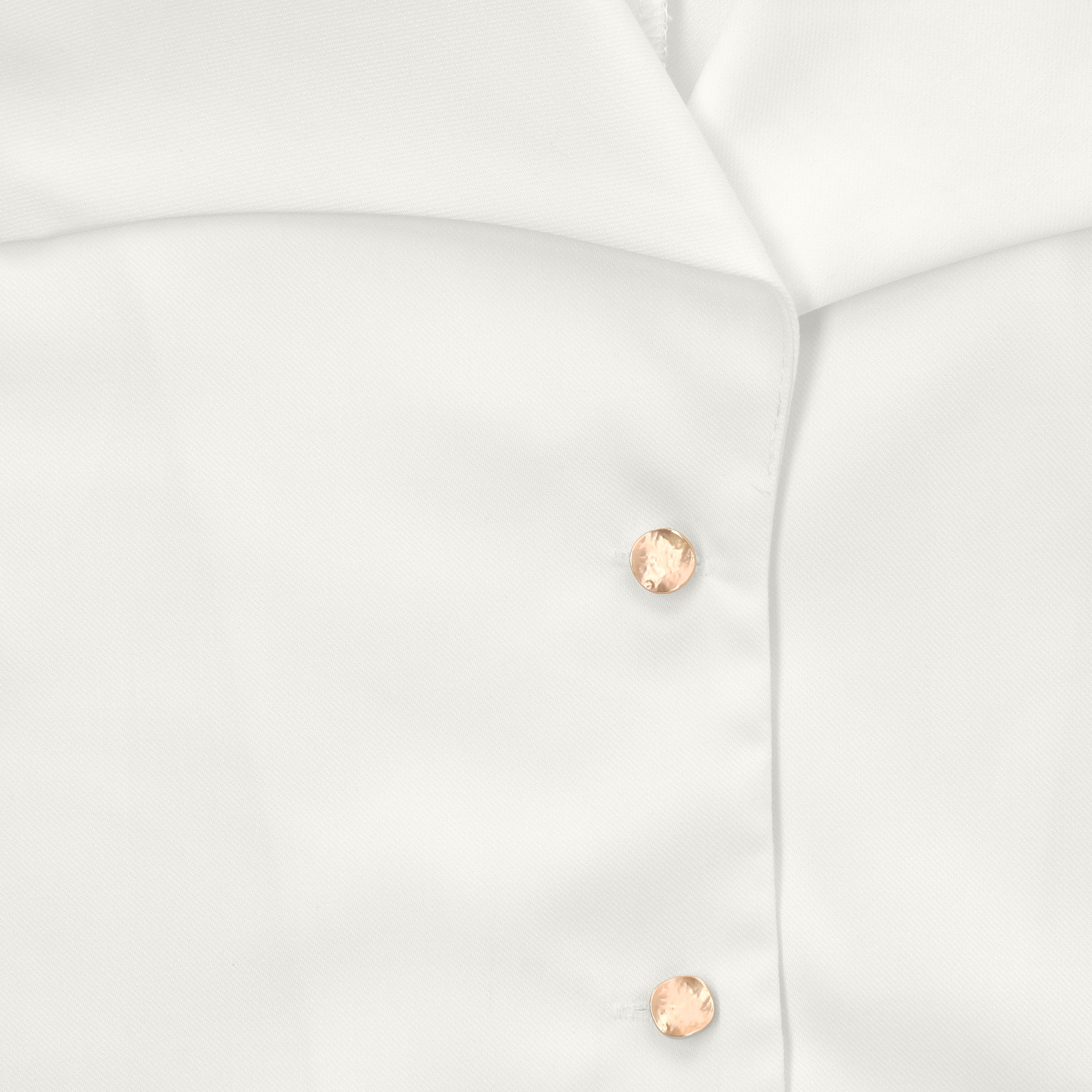 Women's white polyester rayon elegant shirt with wide collar and gold buttons, inspired by Audrey Hepburn