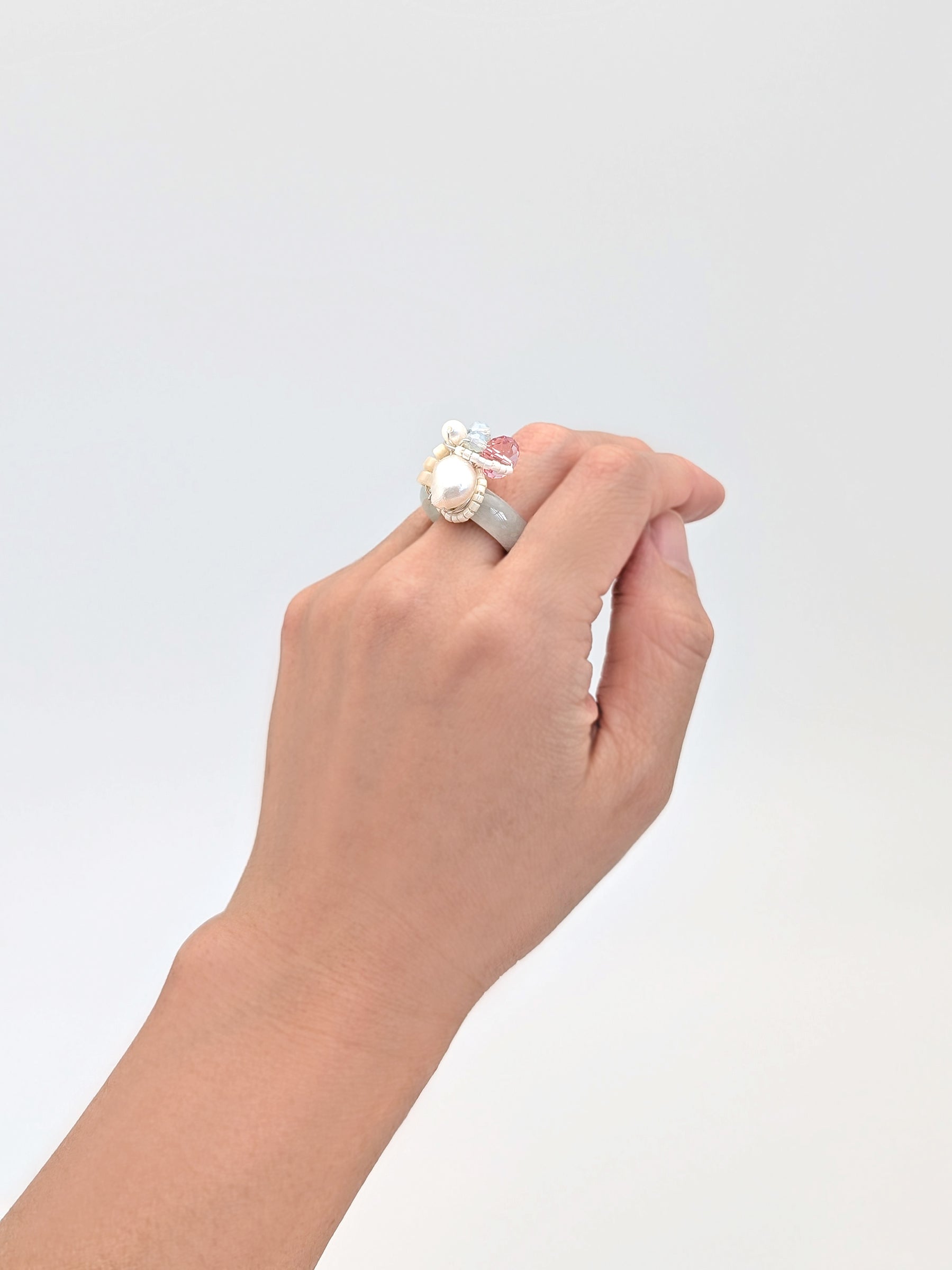 US Size 7.5 - Delight | Jade Ring Pearls And Swarovski Crystals - One Of A Kind