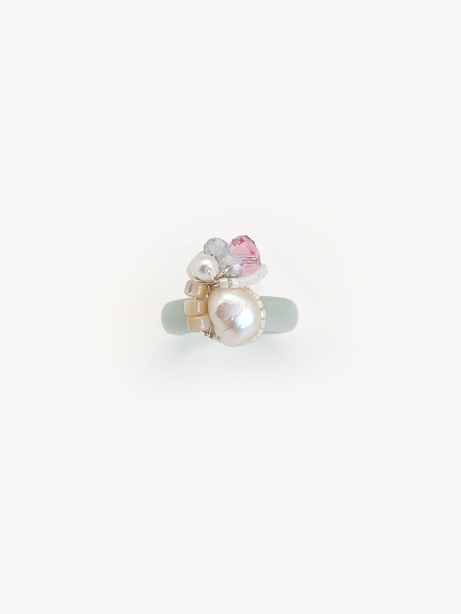 US Size 7.5 - Delight | Jade Ring Pearls And Swarovski Crystals - One Of A Kind