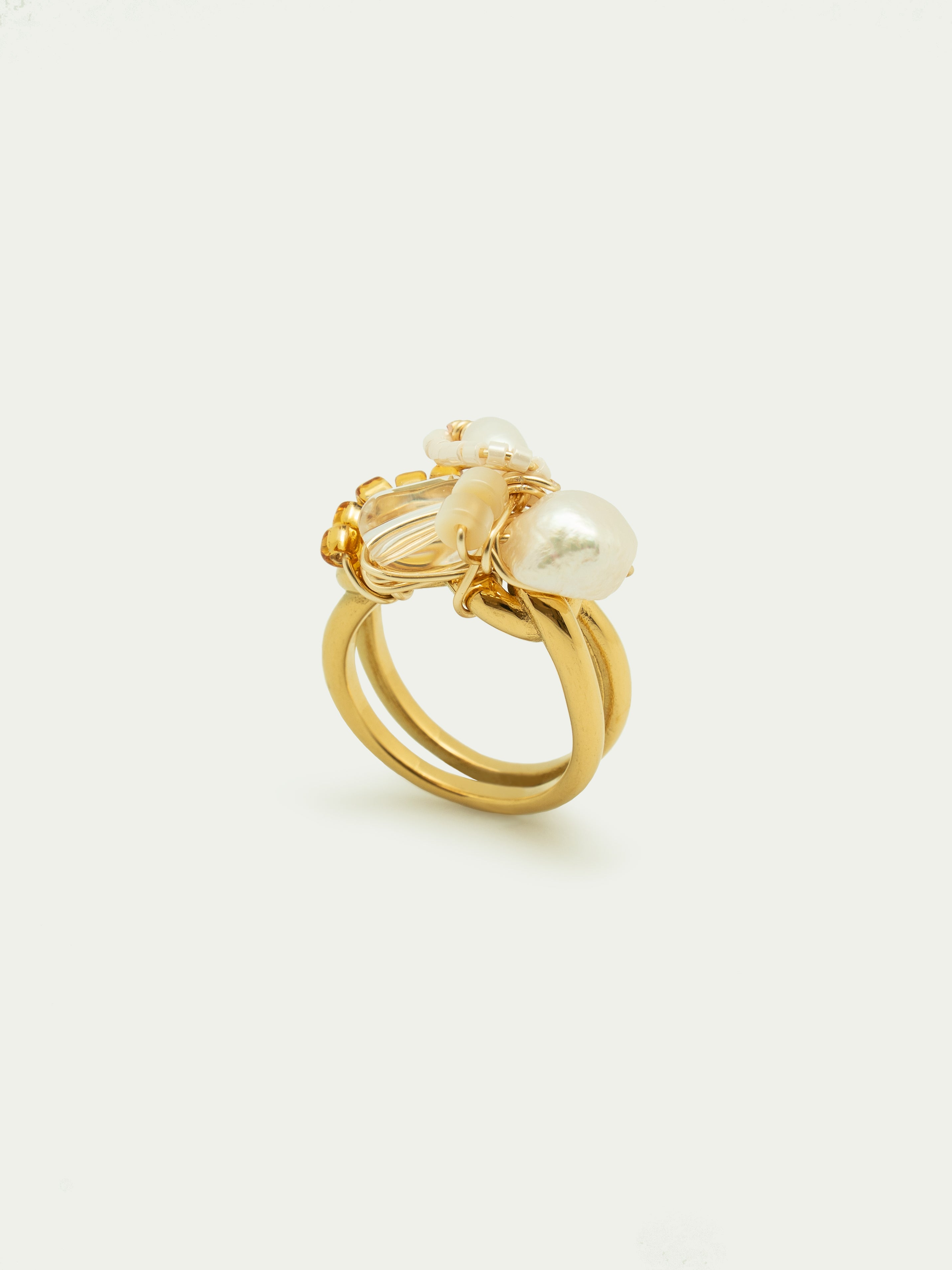 Intertwined | Clear Quartz And Pearls Art Ring - One Of A Kind