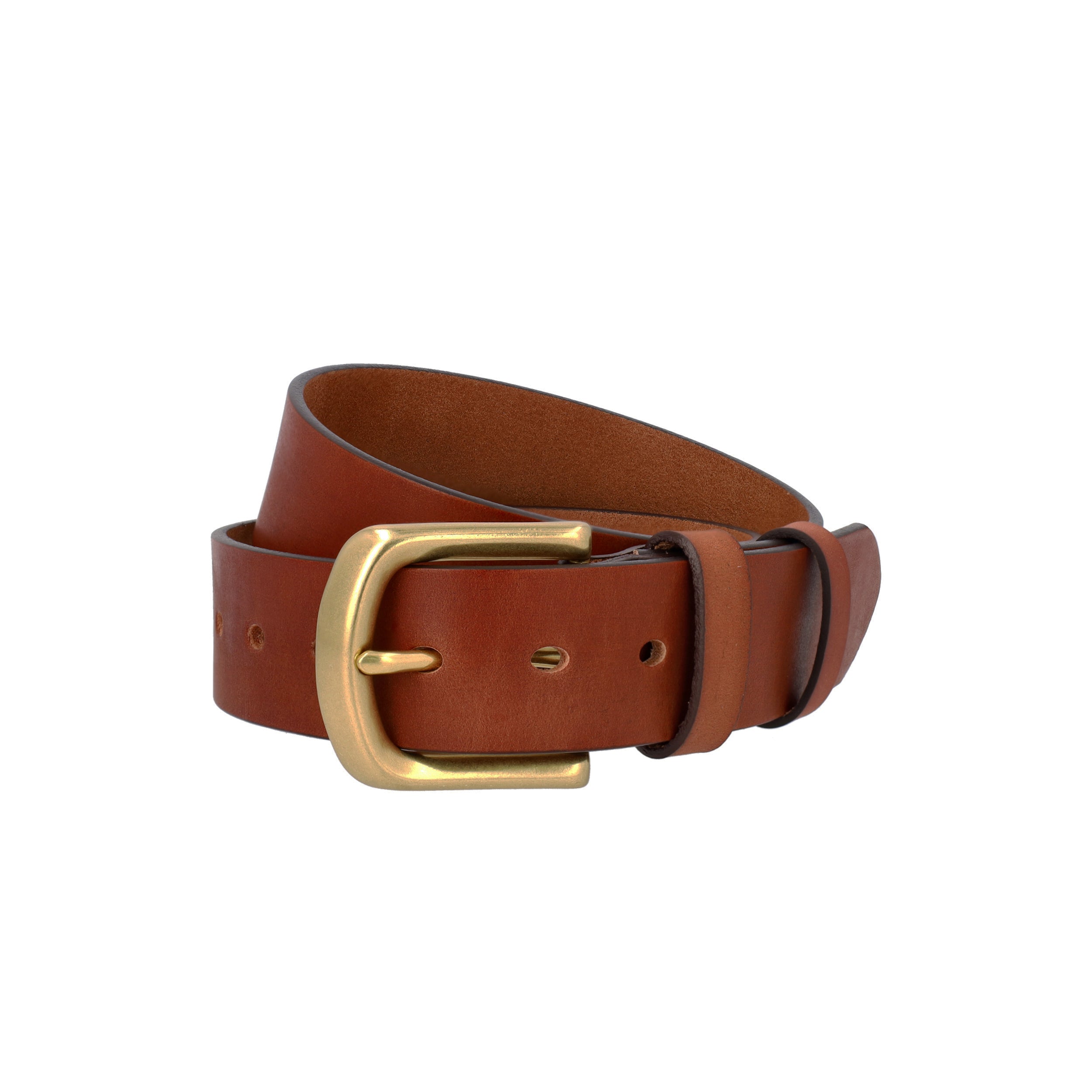 Women's bespoke high waisted belt with gold brass buckle, made with genuine tan brown leather.
