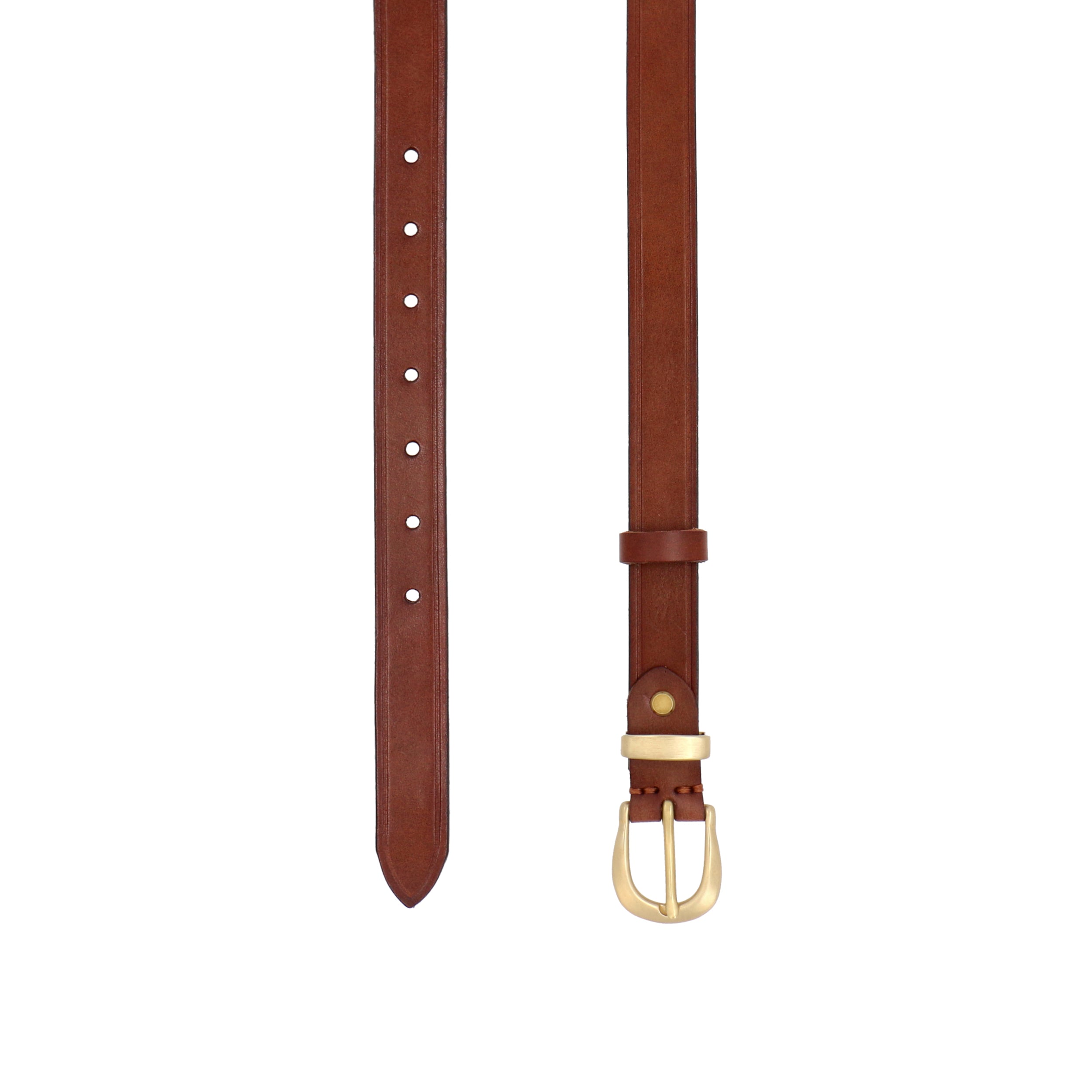 Brown leather belt with a gold buckle on a white background