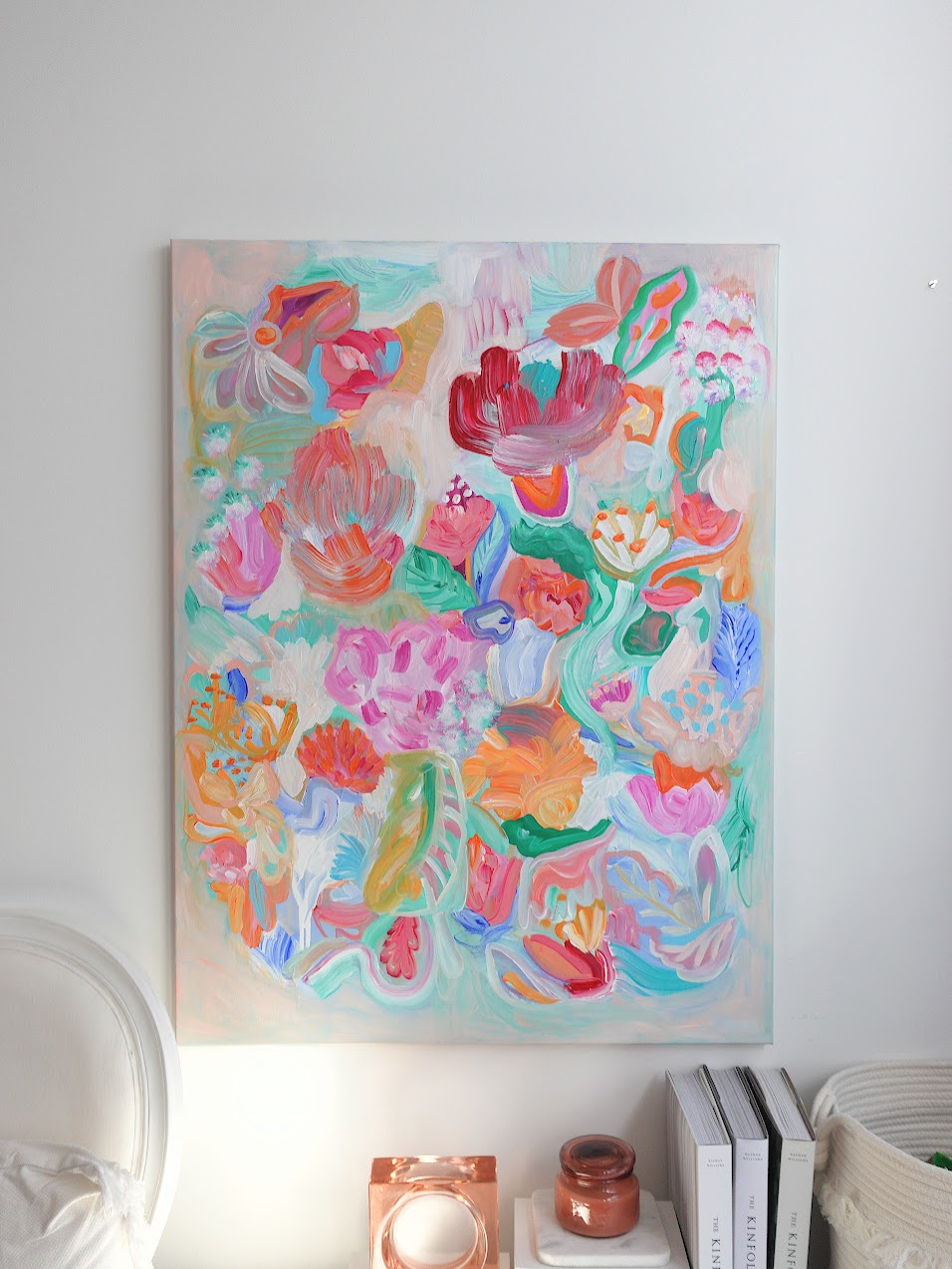 Abstract acrylic original art painting on canvas titled 'Joy Met Wonder' by Singaporean artist Hadassah Lau on sale at Hadasity, in Tanglin Mall, Singapore.