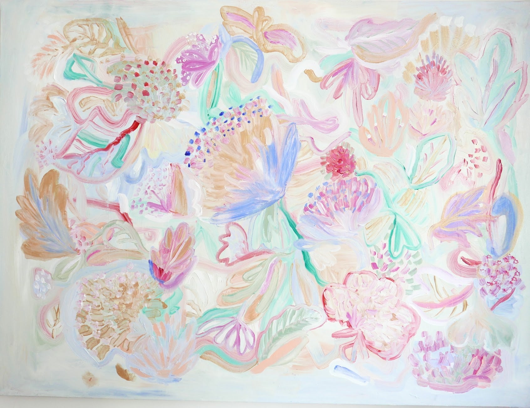 Abstract acrylic original art painting on canvas titled 'Pollen Pastel' by Singaporean artist Hadassah Lau on sale at Hadasity, in Tanglin Mall, Singapore.