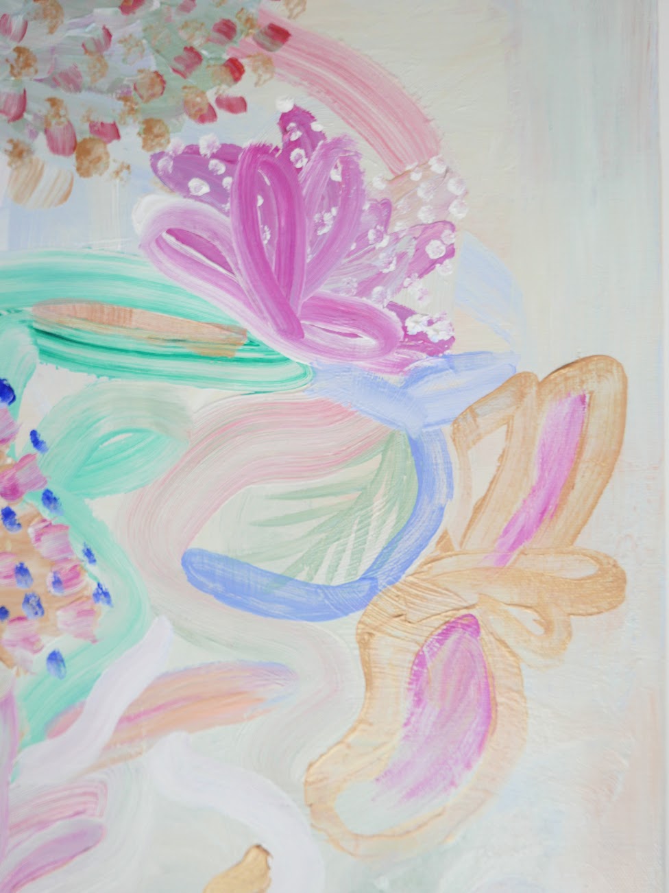 Abstract acrylic original art painting on canvas titled 'Pollen Pastel' by Singaporean artist Hadassah Lau on sale at Hadasity, in Tanglin Mall, Singapore.