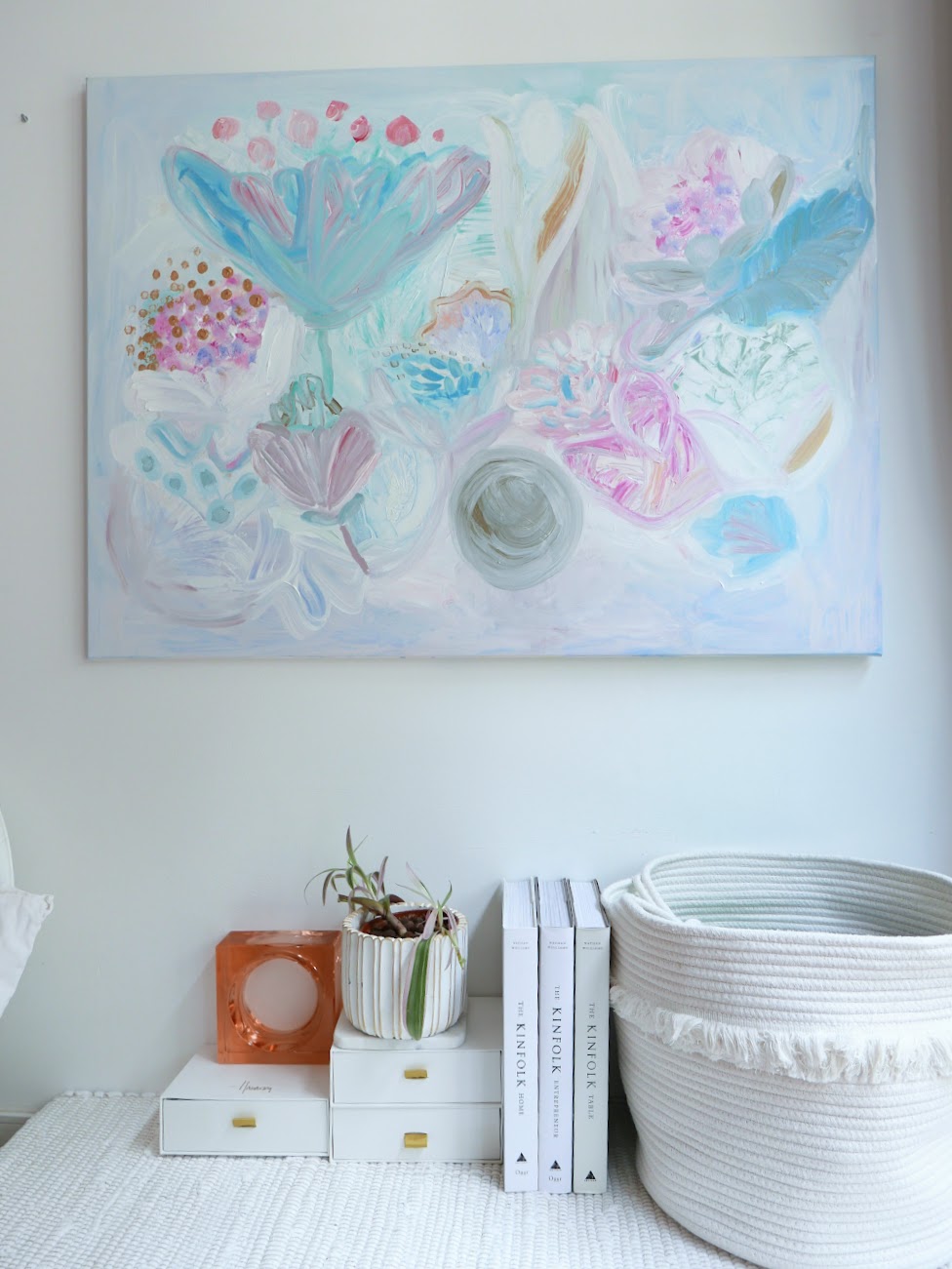 Abstract acrylic original art painting on canvas titled 'Made to Bloom' by Singaporean artist Hadassah Lau on sale at Hadasity, in Tanglin Mall, Singapore.