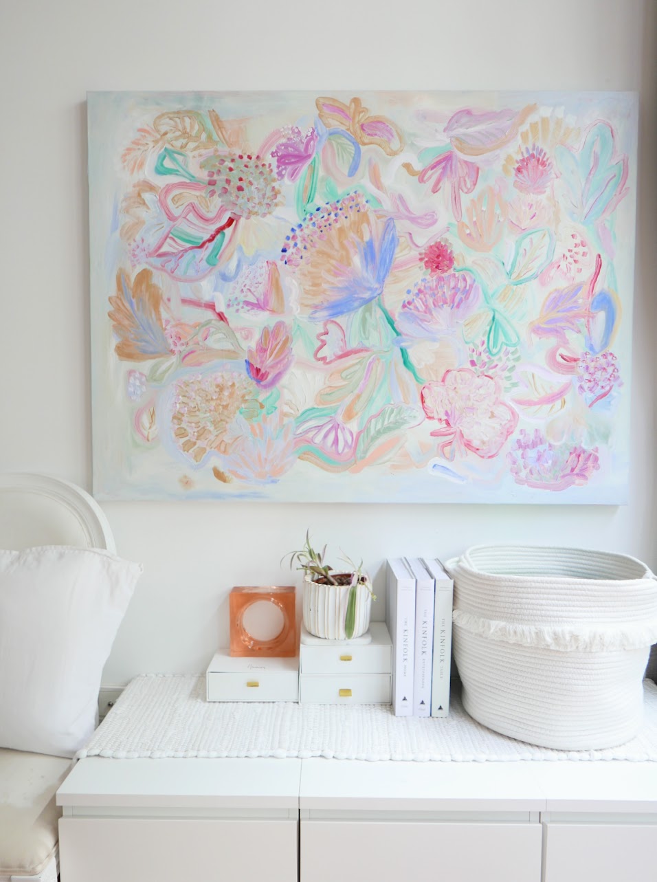 Abstract acrylic original art painting on canvas titled 'Pollen Pastel' by Singaporean artist Hadassah Lau on sale at Hadasity, in Tanglin Mall, Singapore.