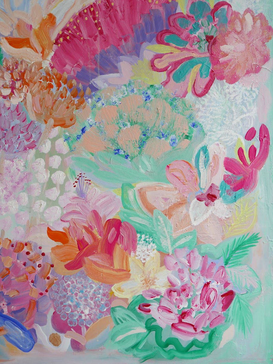 Commissioned abstract acrylic original art painting on canvas titled 'Pollen' by Singaporean artist Hadassah Lau on sale at Hadasity, in Tanglin Mall, Singapore.