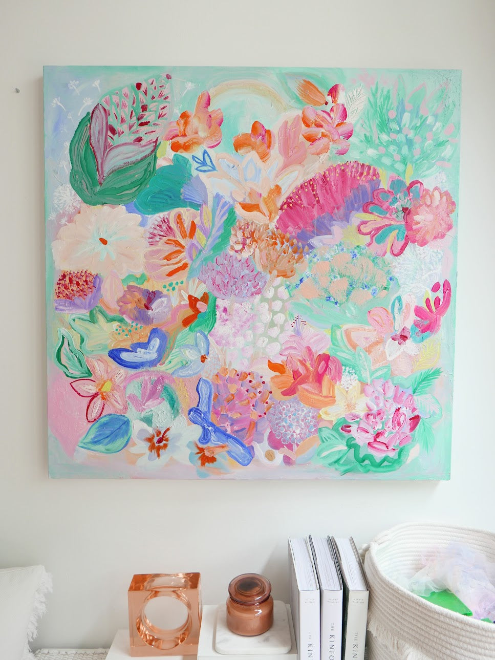 Commissioned abstract acrylic original art painting on canvas titled 'Pollen' by Singaporean artist Hadassah Lau on sale at Hadasity, in Tanglin Mall, Singapore.