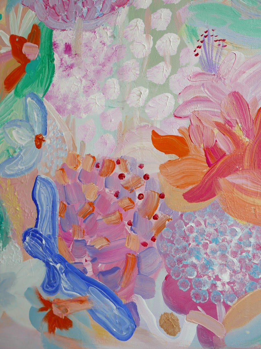 Commissioned abstract acrylic original art painting on canvas titled 'Pollen' by Singaporean artist Hadassah Lau on sale at Hadasity, in Tanglin Mall, Singapore.