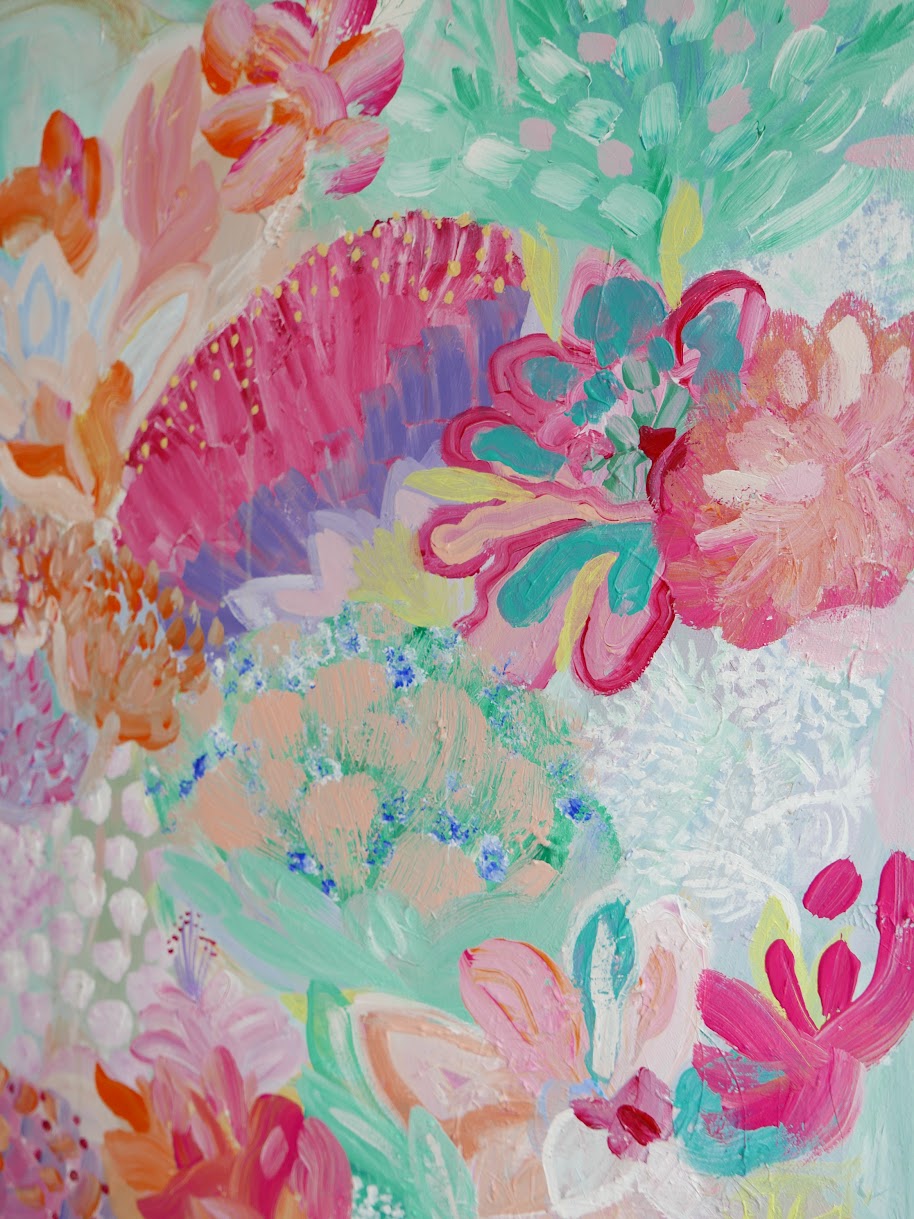 Commissioned abstract acrylic original art painting on canvas titled 'Pollen' by Singaporean artist Hadassah Lau on sale at Hadasity, in Tanglin Mall, Singapore.