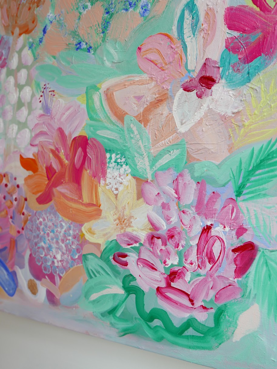 Commissioned abstract acrylic original art painting on canvas titled 'Pollen' by Singaporean artist Hadassah Lau on sale at Hadasity, in Tanglin Mall, Singapore.