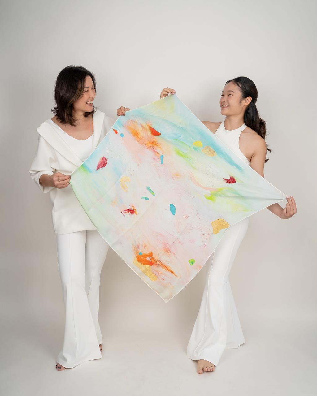 100% mulberry silk designer art scarves, crafted from original abstract paintings by Singaporean artist Hadassah Lau.