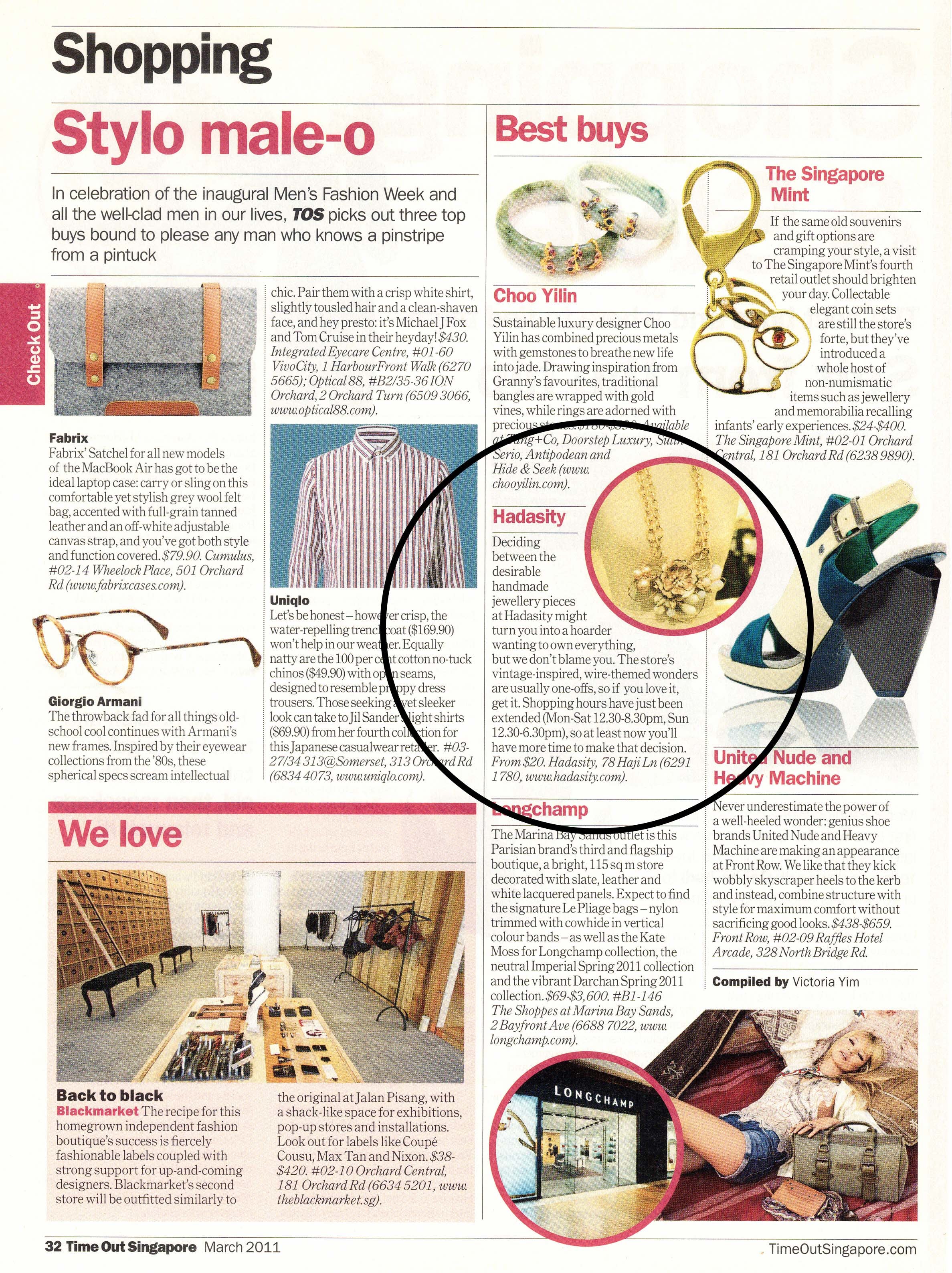 2011 March Hadasity wearable art wired jewellery necklace featured on TimeOut Singapore magazine