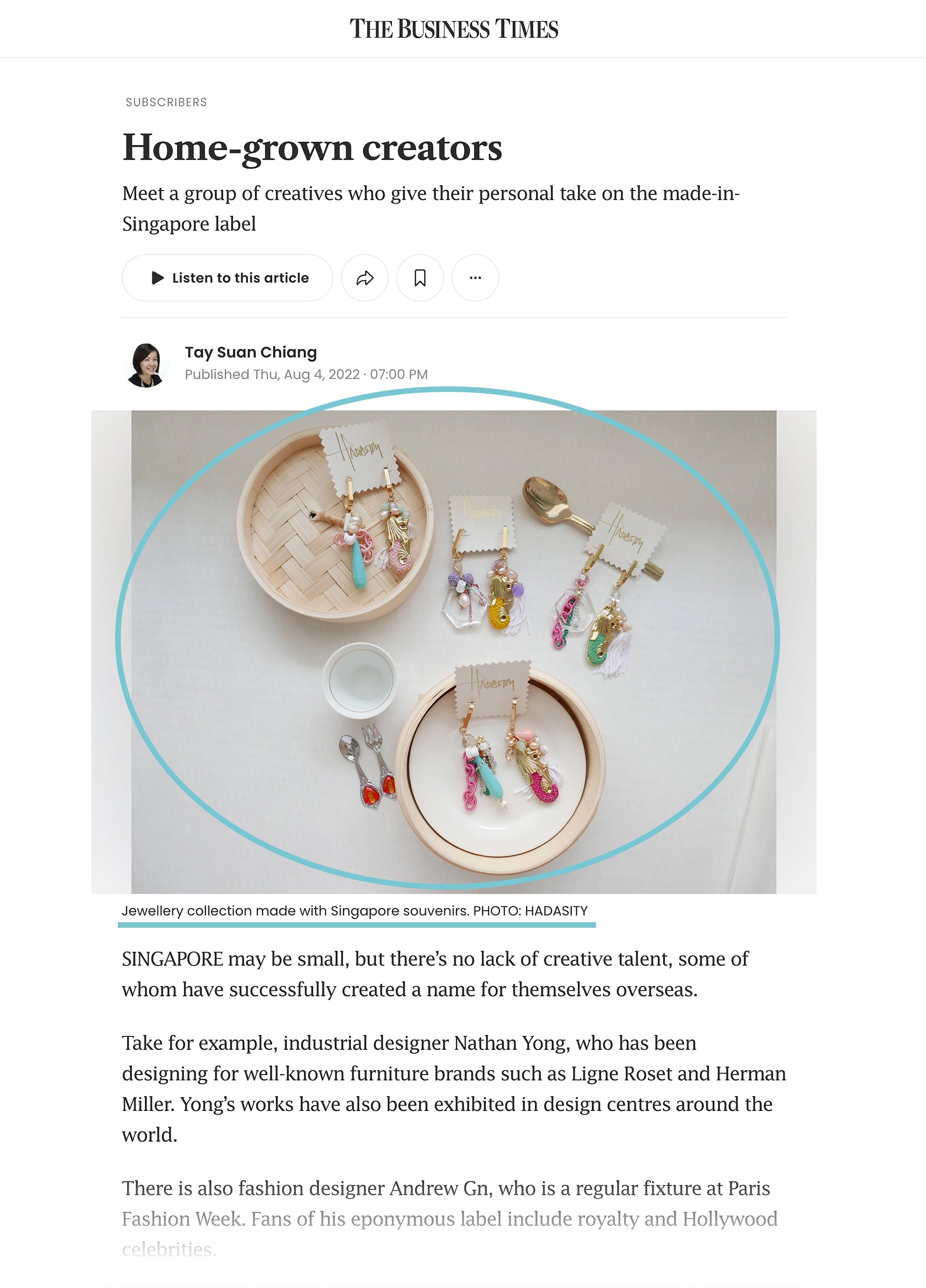 2024 August Hadasity featured on The Business Times - Lifestyle