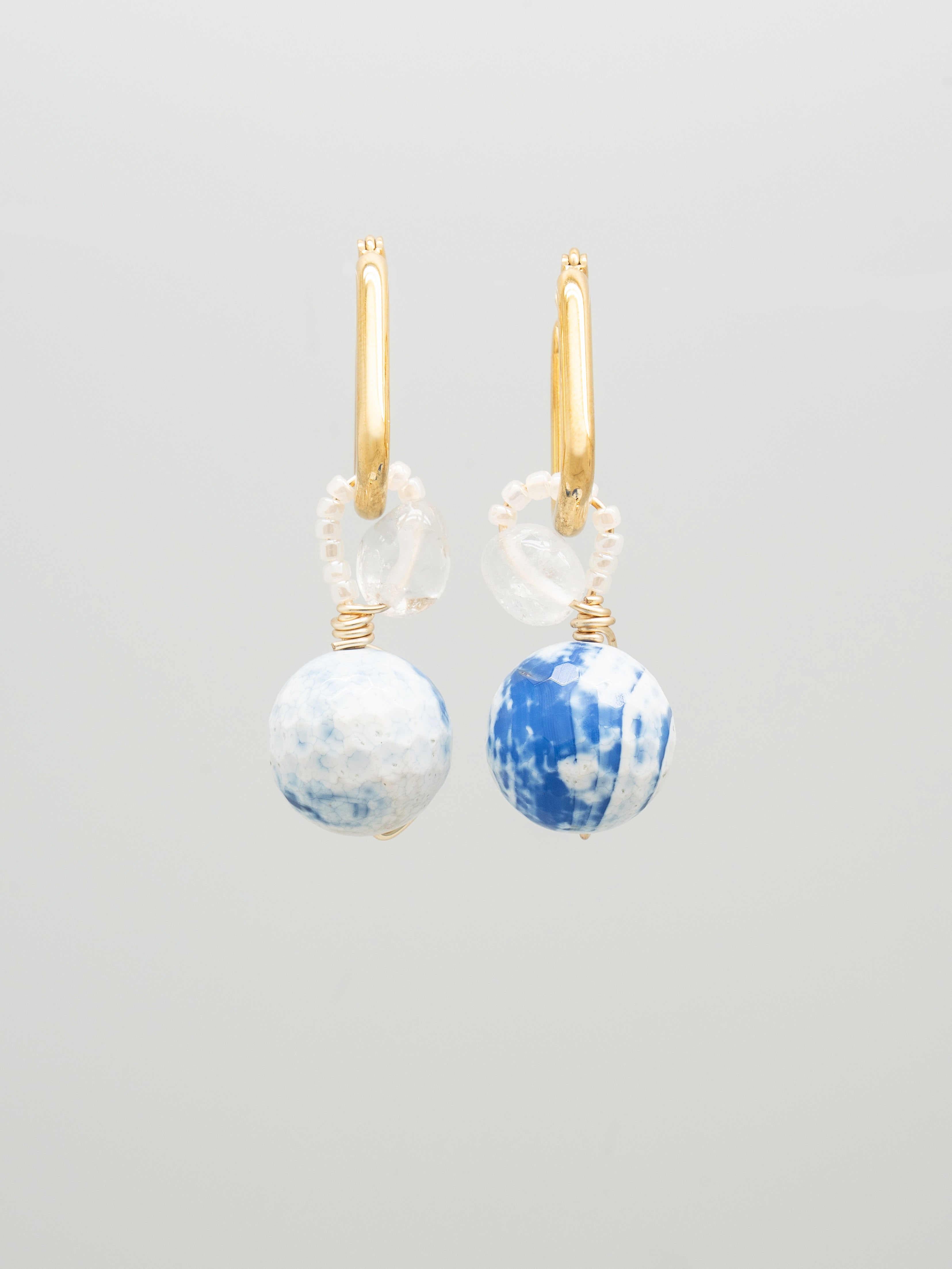 Pair of earrings with blue white fire agate clear quartz and toho seed beads, one of a kind