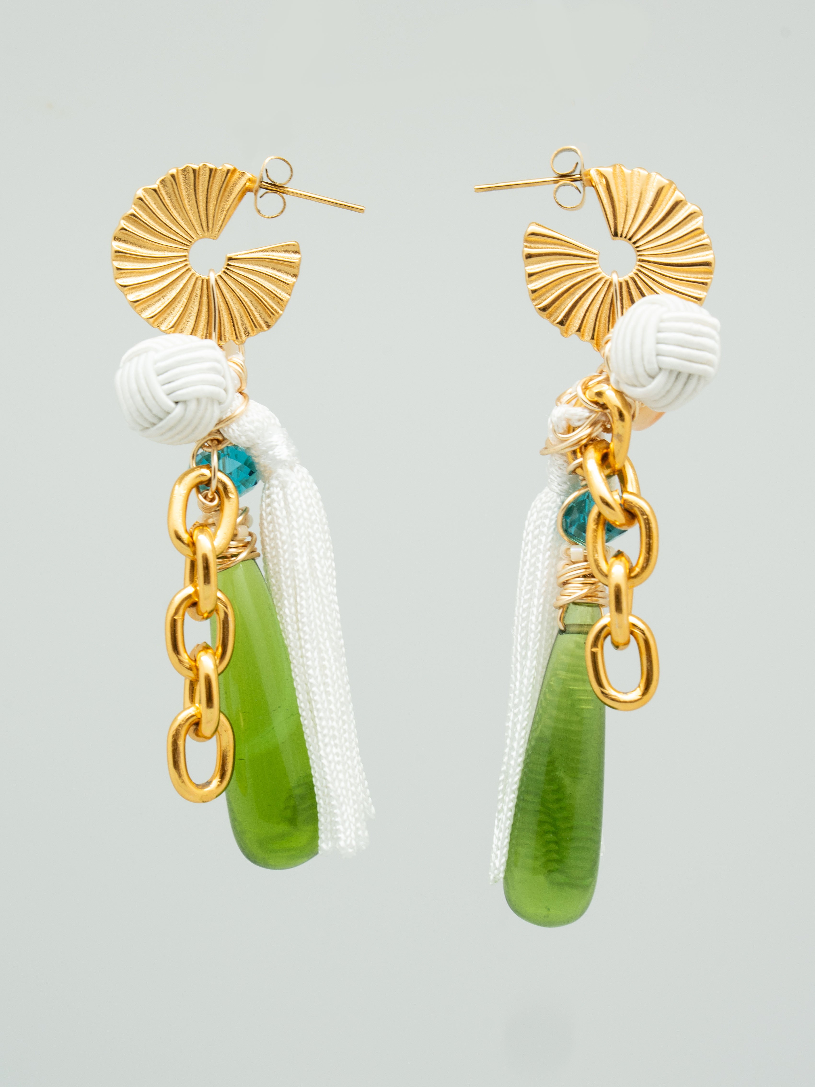 Drop earrings with green czech glass beads, swarovski crystals, and white tassels