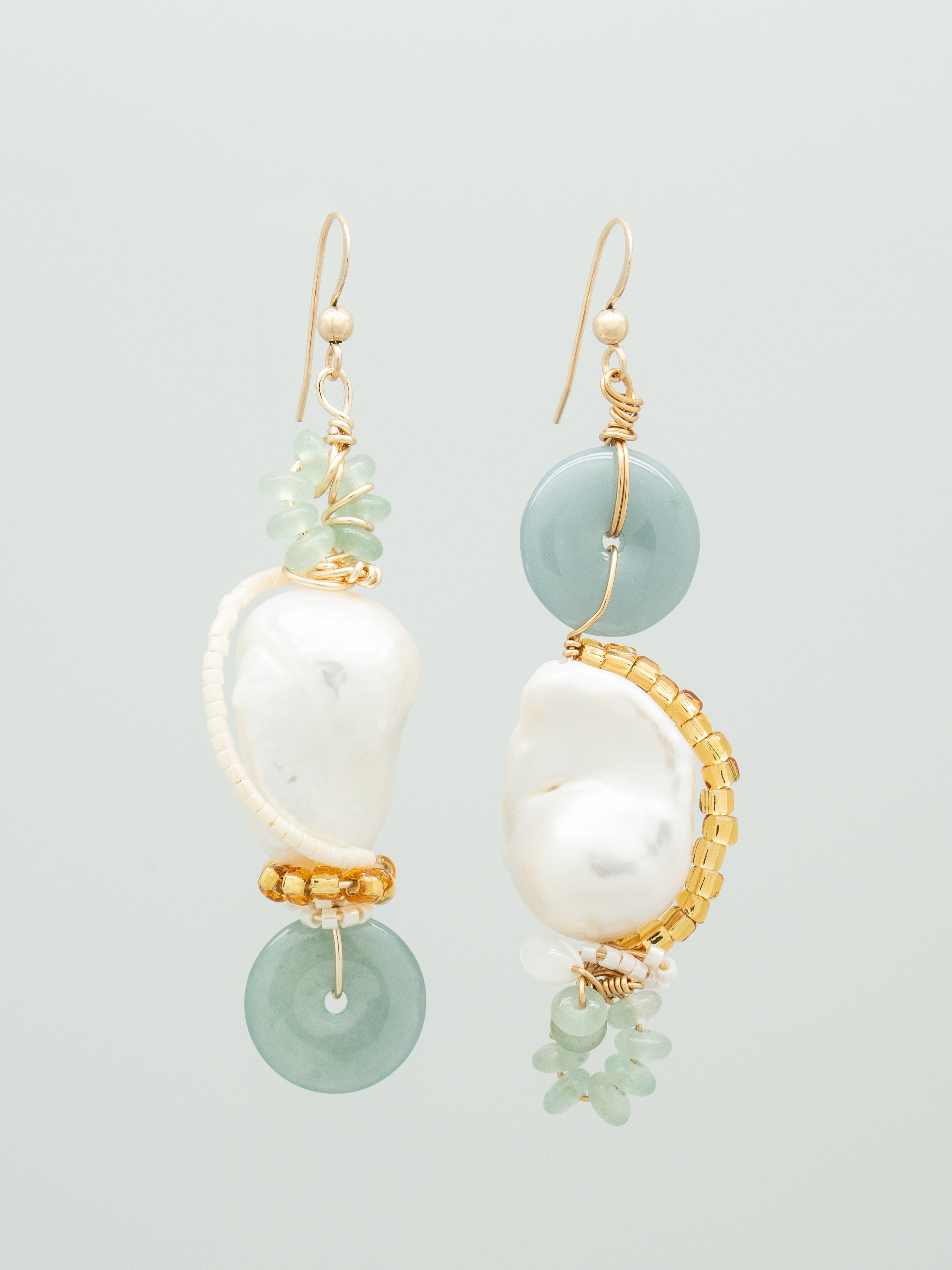 Pair of jade doughnut with baroque pearls earrings