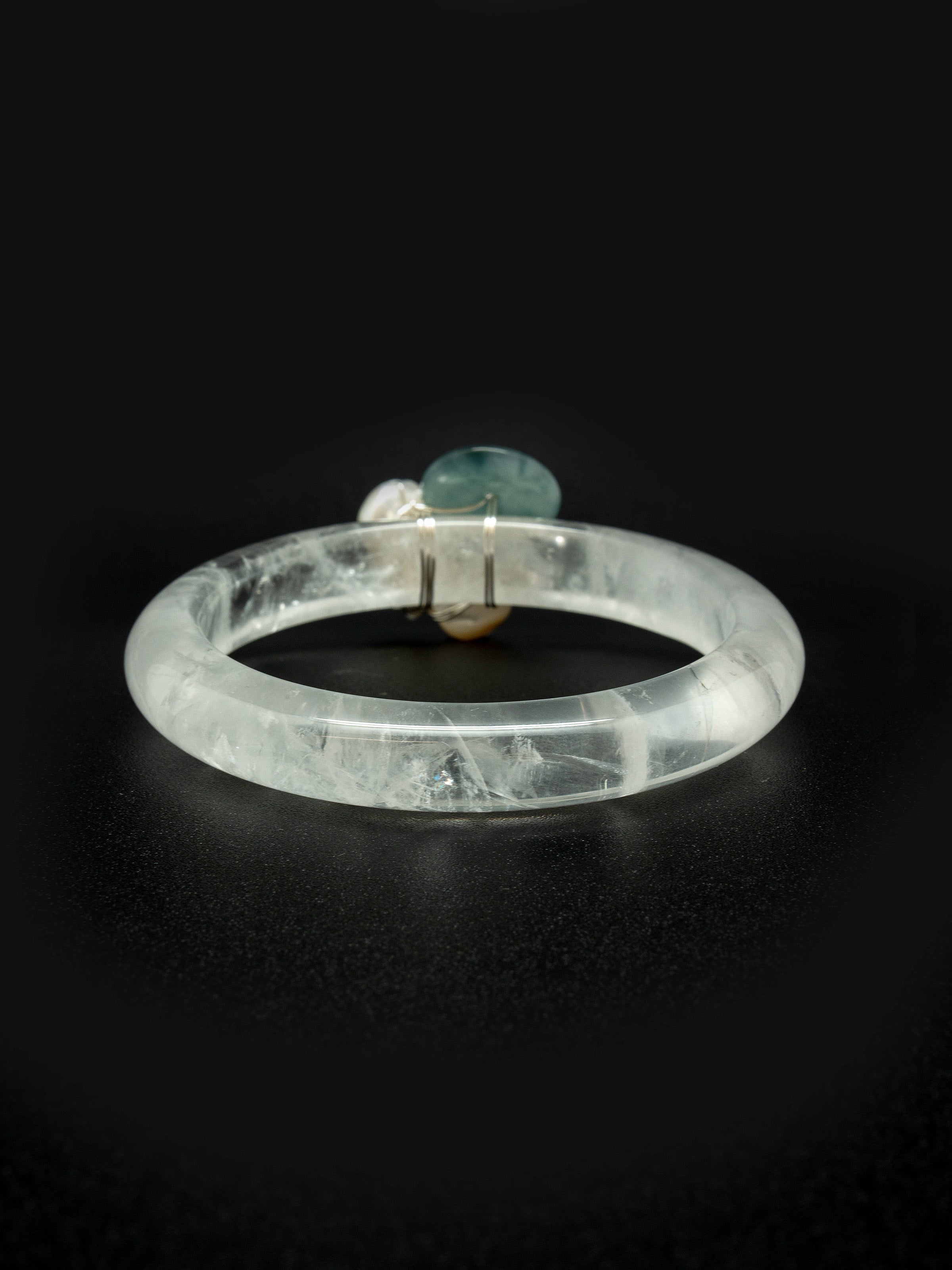 Quartz bangle with jade doughnut, keshi pearl, clear quartz, mother of pearl, toho seed beeds. One of a kind.