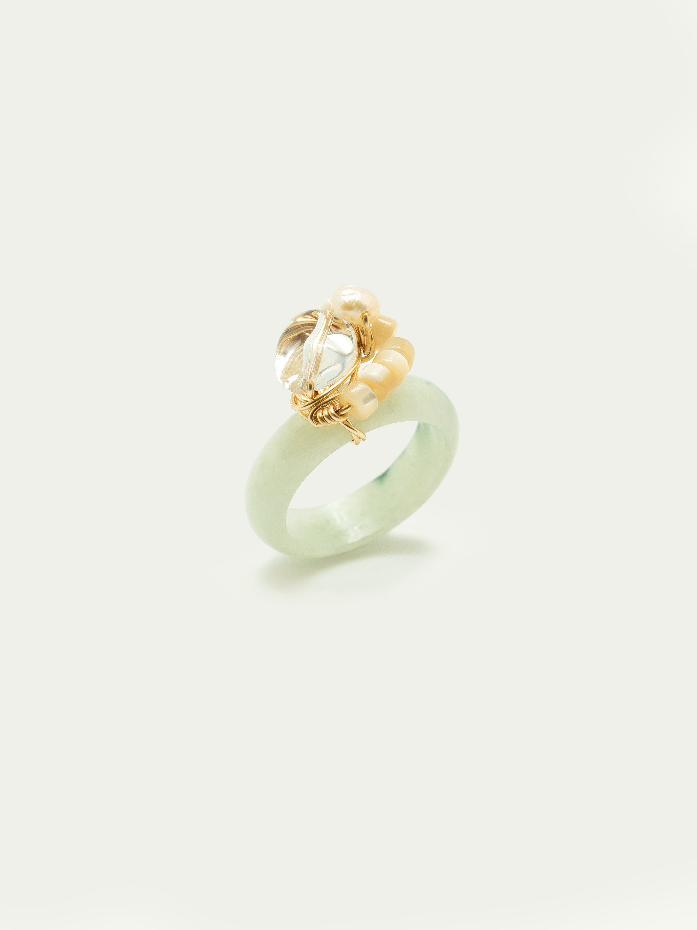 Jade ring with clear quartz, mother of pearl, freshwater pearl, japanese seed beeds. One of a kind.