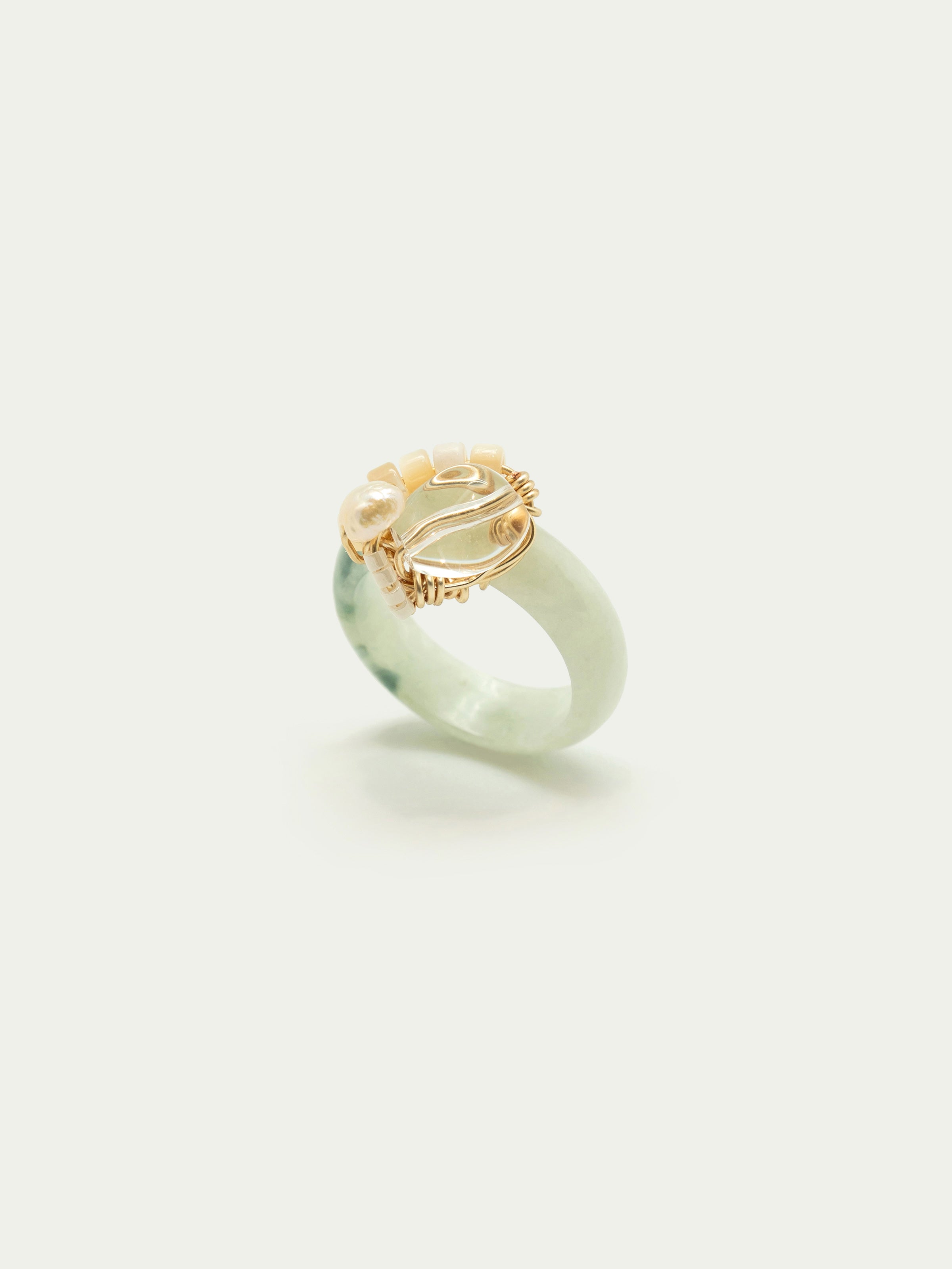 Jade ring with clear quartz, mother of pearl, freshwater pearl, japanese seed beeds. One of a kind.