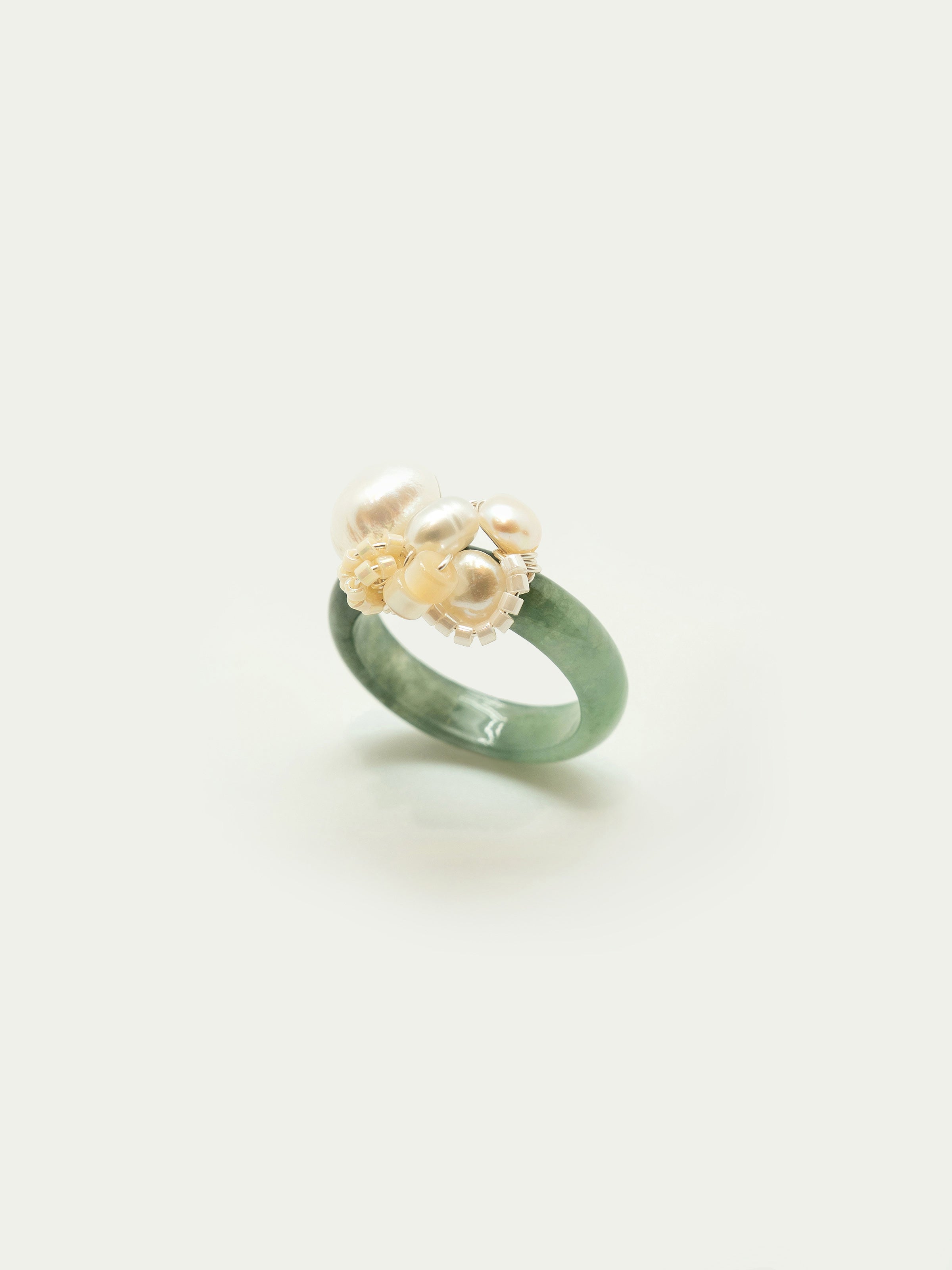 Jade ring with pearl cluster, mother of pearl, japanese seed beads. One of a kind.