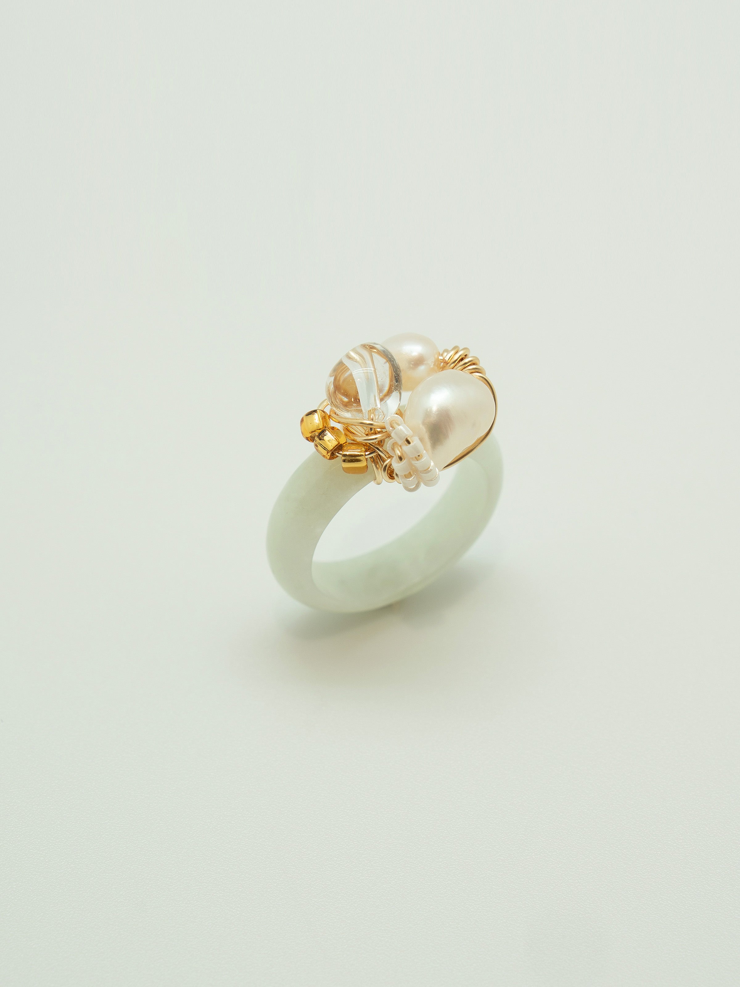 One of a kind jade ring with pearls, clear quartz, japanese seed beads. 